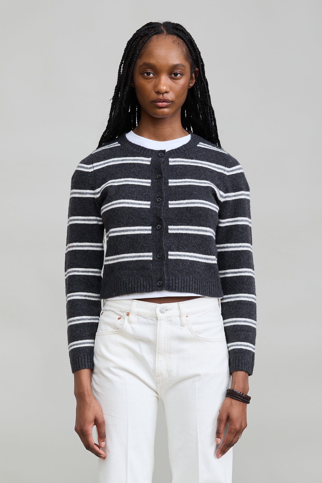 The Riley Cardigan - Charcoal With Ecru Grey Stripe