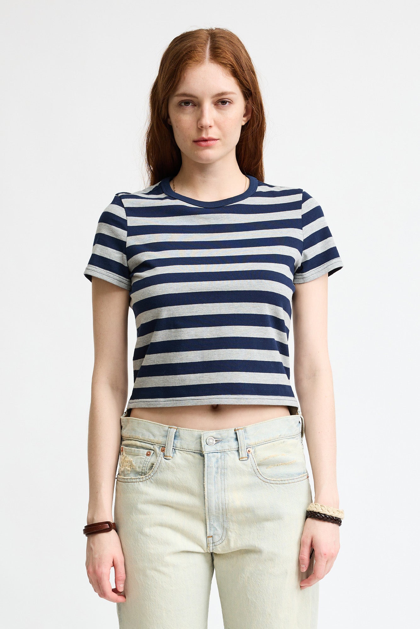 Striped Baby T - Light Heather Grey/Navy Wide Stripe