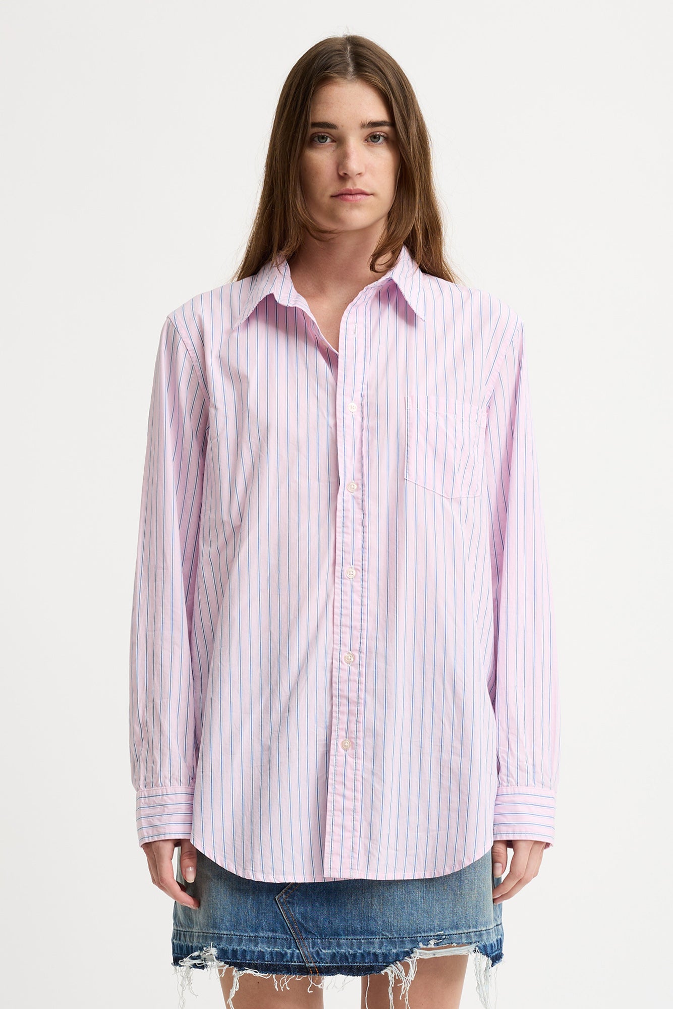 Boyfriend Shirt - Pink With Blue Stripe