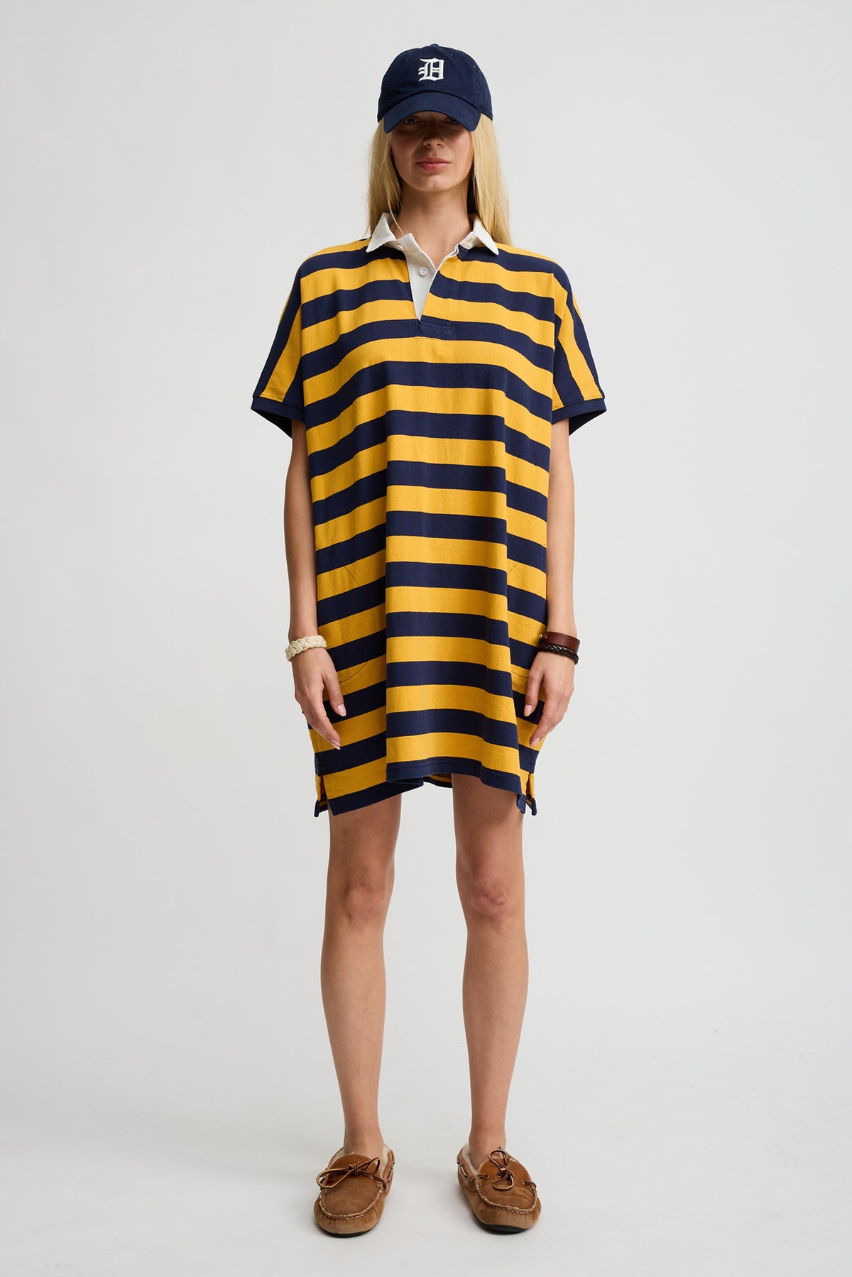 Rugby Tshirt Dress - Yellow/Navy Wide Stripe