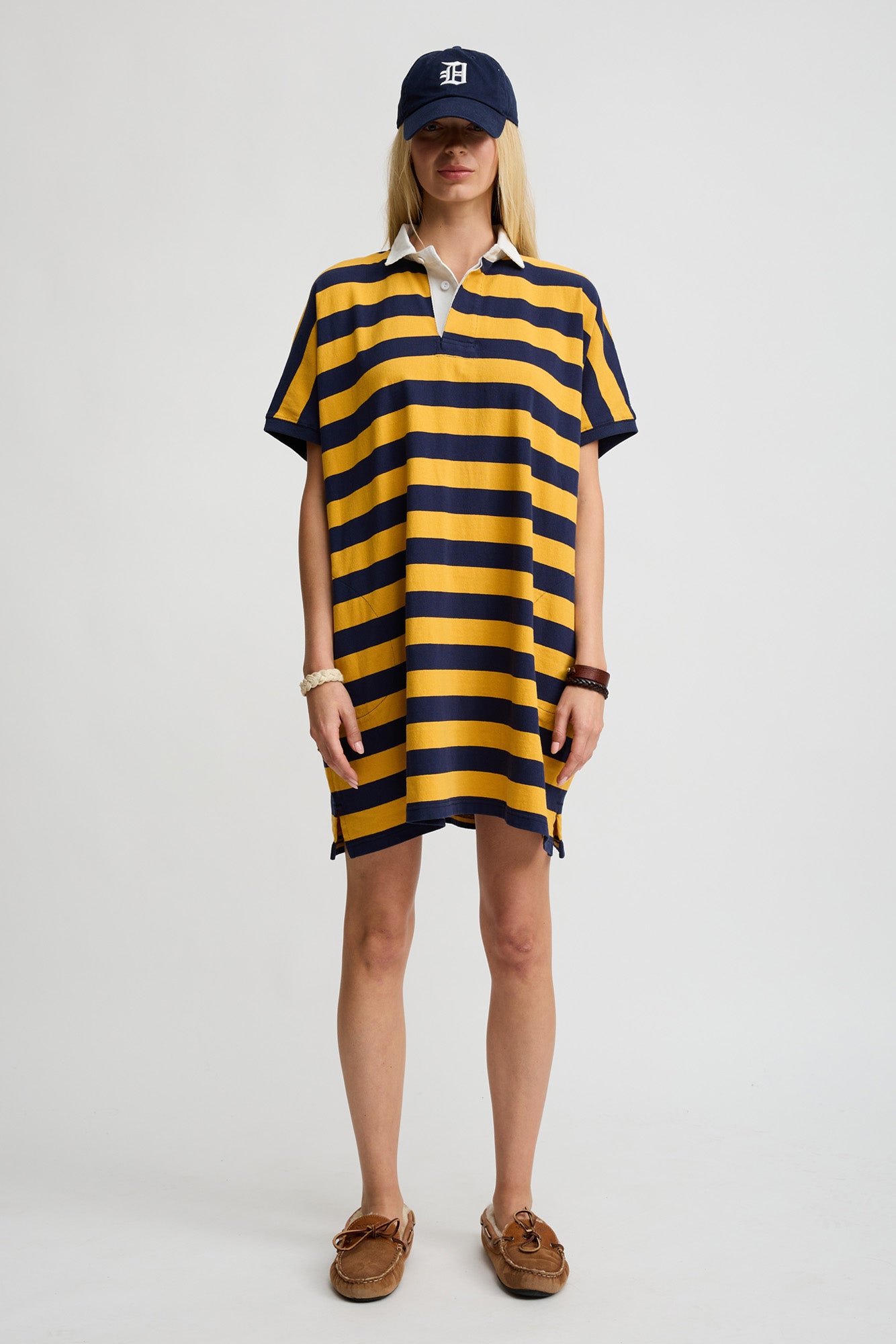Rugby Tshirt Dress - Yellow/Navy Wide Stripe