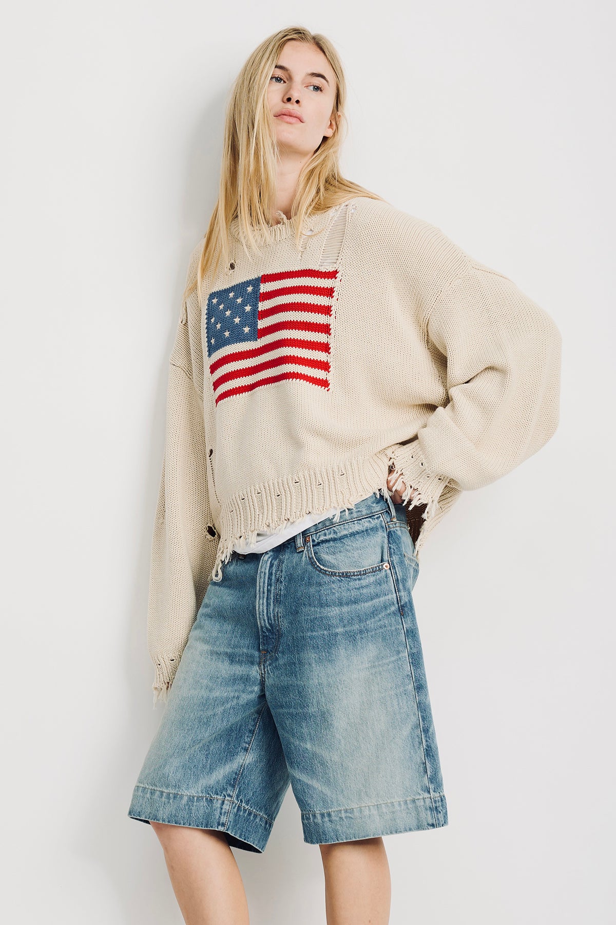 Oversized Cropped American Flag Sweater - Oatmeal