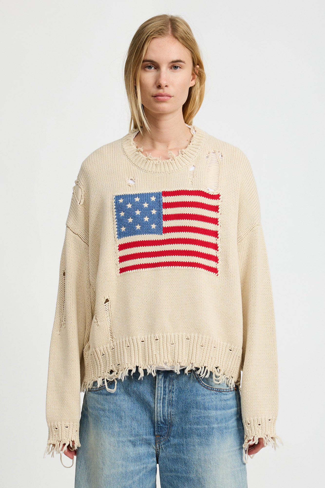 Oversized Cropped American Flag Sweater - Oatmeal