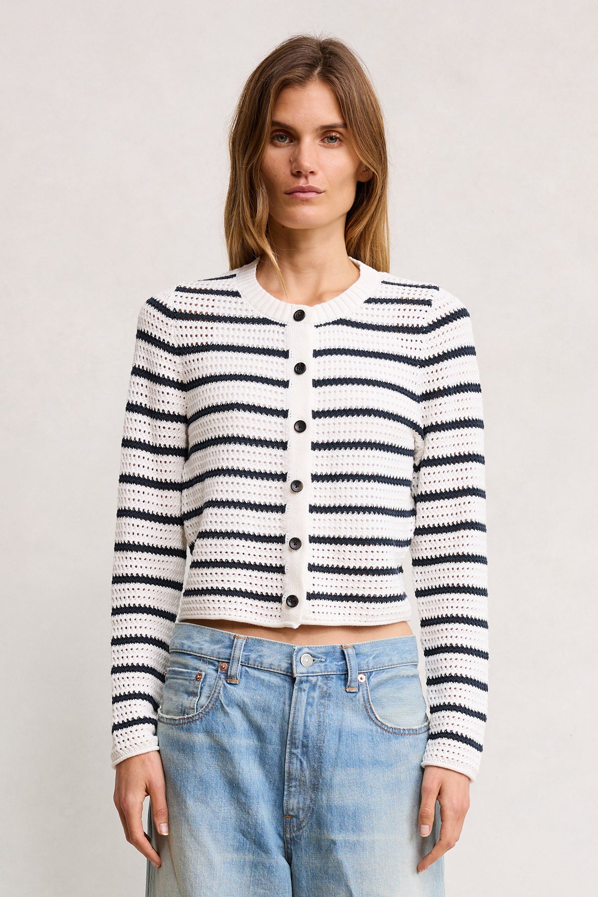 Stripe Crochet Shrunken Cardigan - White With Navy Stripes