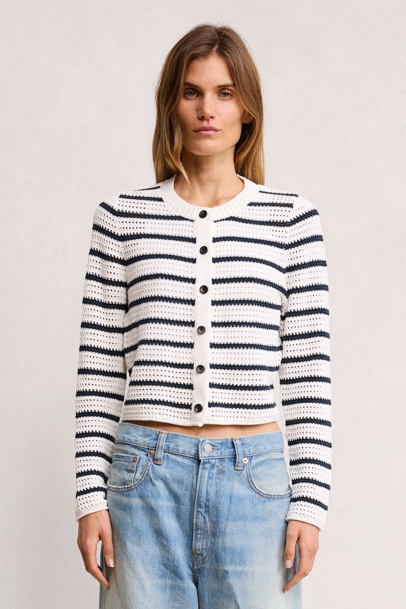 Stripe Crochet Shrunken Cardigan - White With Navy Stripes