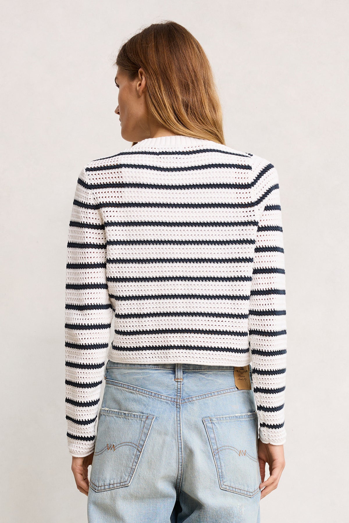 Stripe Crochet Shrunken Cardigan - White With Navy Stripes
