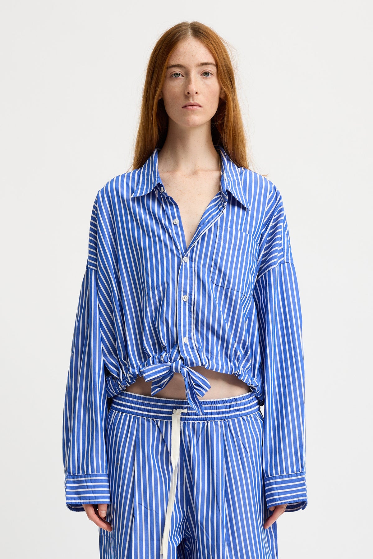 Long Sleeved Front Tie Shirt - Medium Blue Wide Stripe