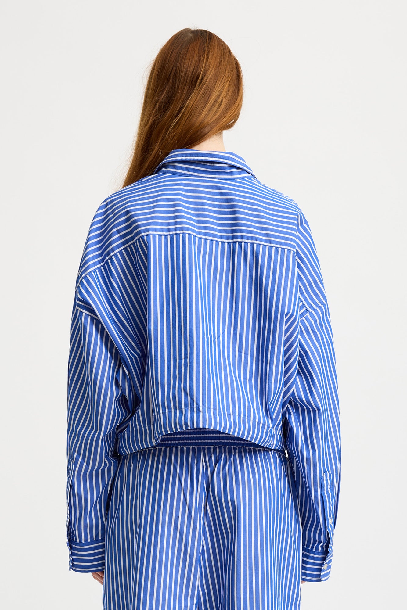 Long Sleeved Front Tie Shirt - Medium Blue Wide Stripe