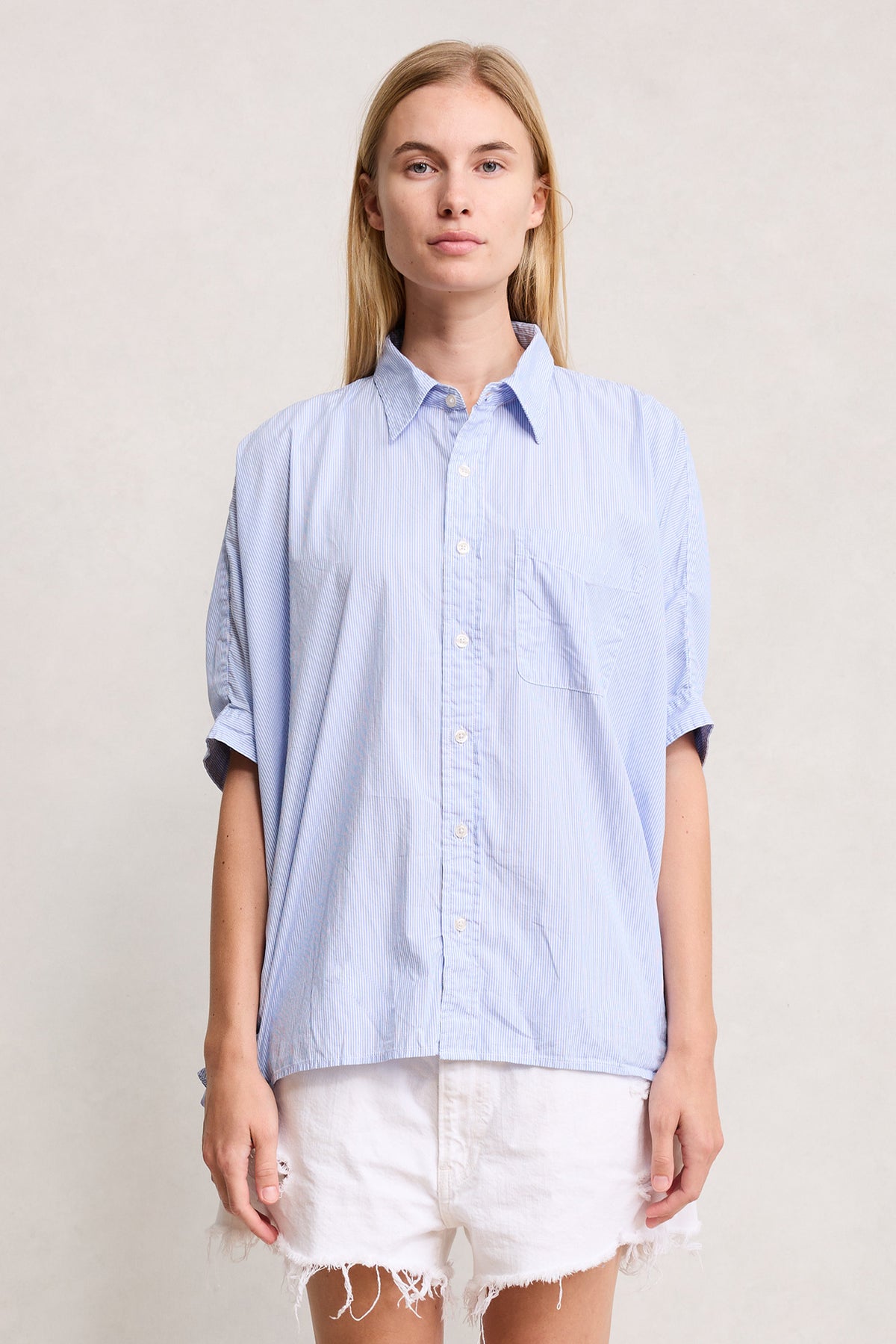 Emma Cuffed Shirt - Light Blue Mini Stripe