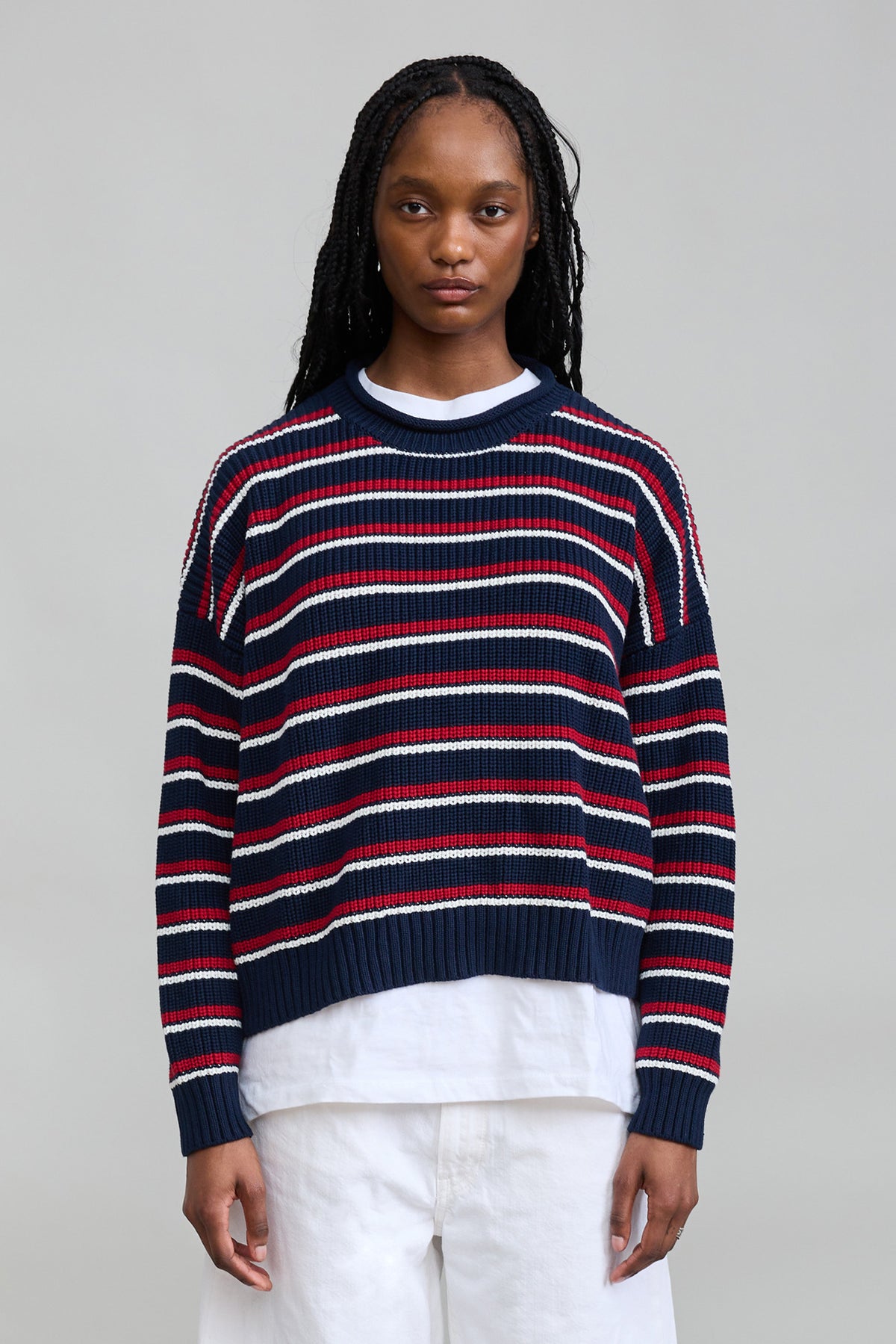 Oversized Striped Sweater W/Rolled Neck - Navy Red Cream Stripe