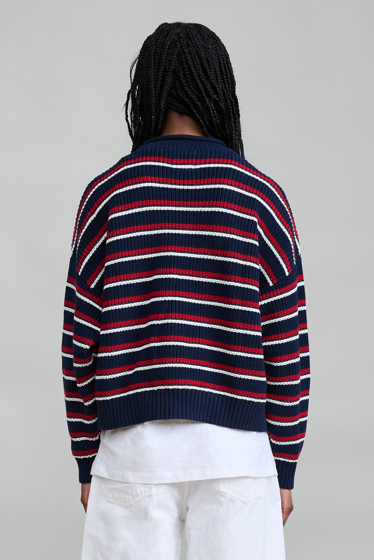 Oversized Striped Sweater W/Rolled Neck - Navy Red Cream Stripe