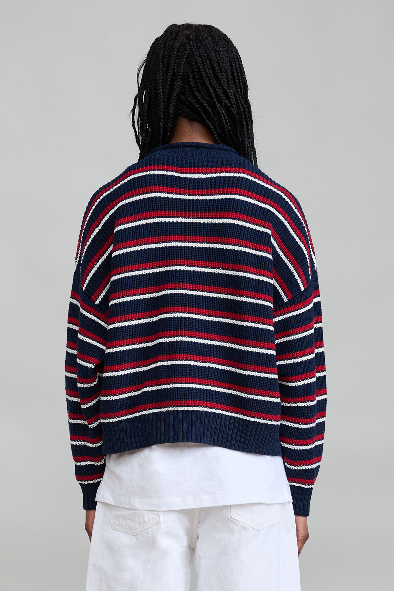 Oversized Striped Sweater W/Rolled Neck - Navy Red Cream Stripe