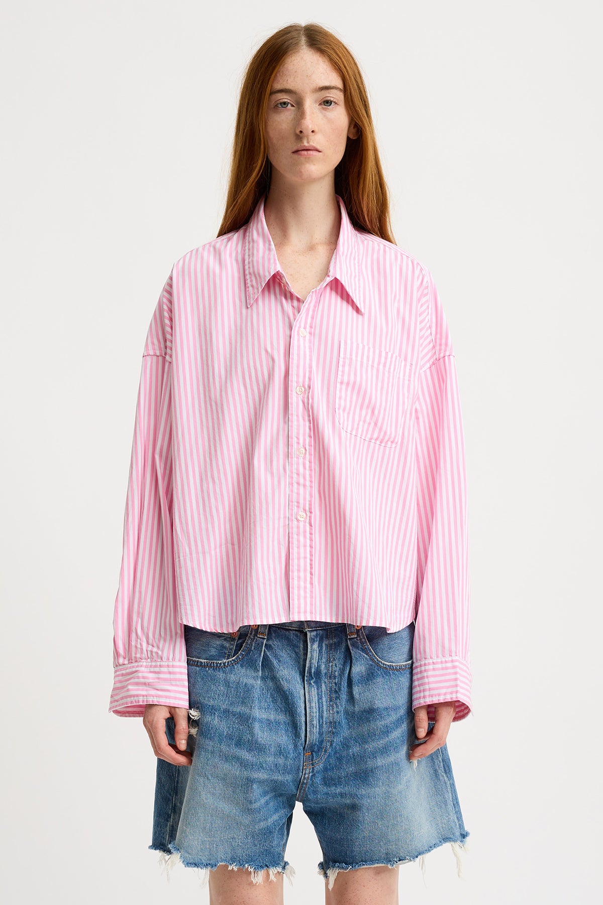 Cropped Shirt - Wide Pink Stripe