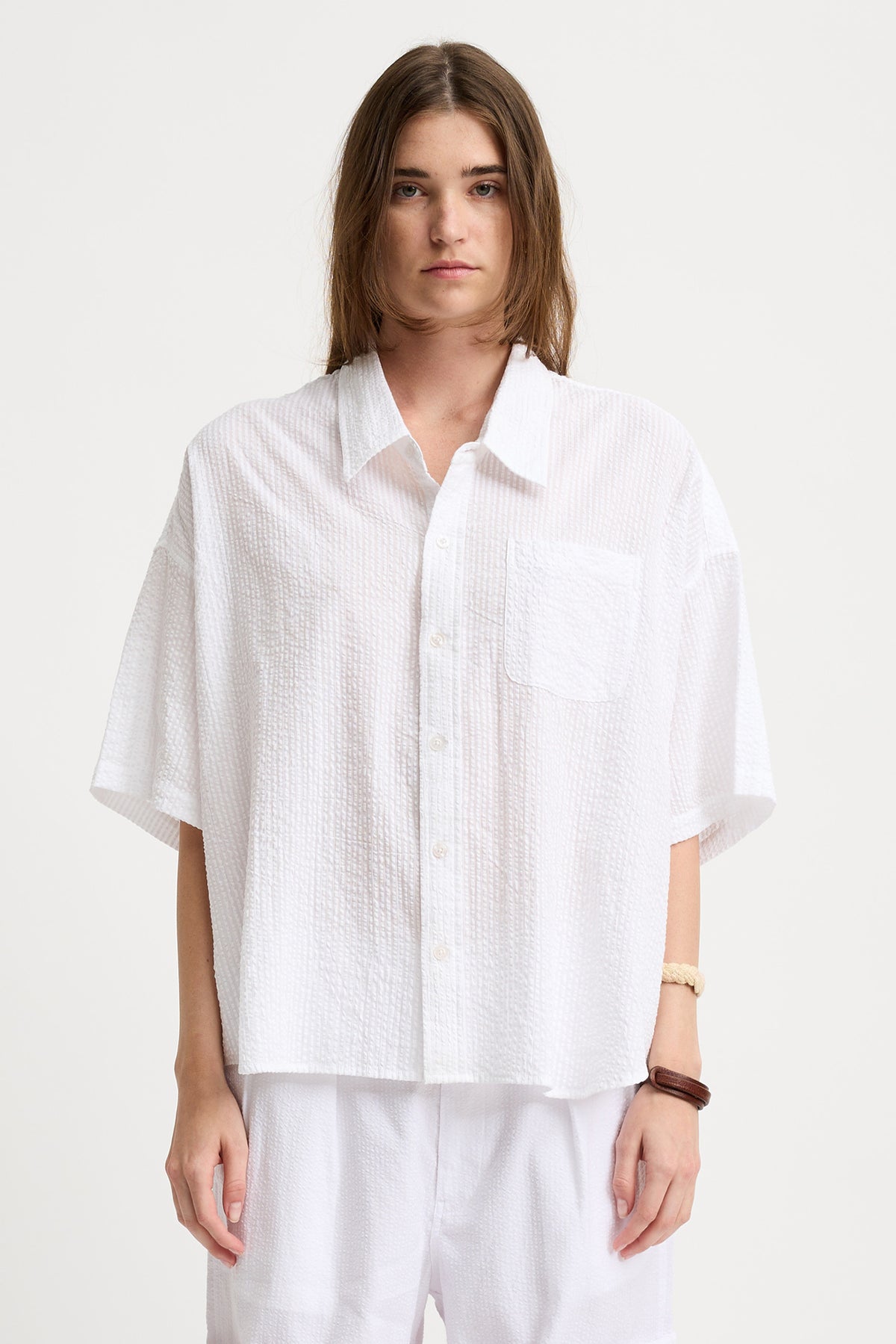 Short Sleeve Button Down Shirt - White Seersucker