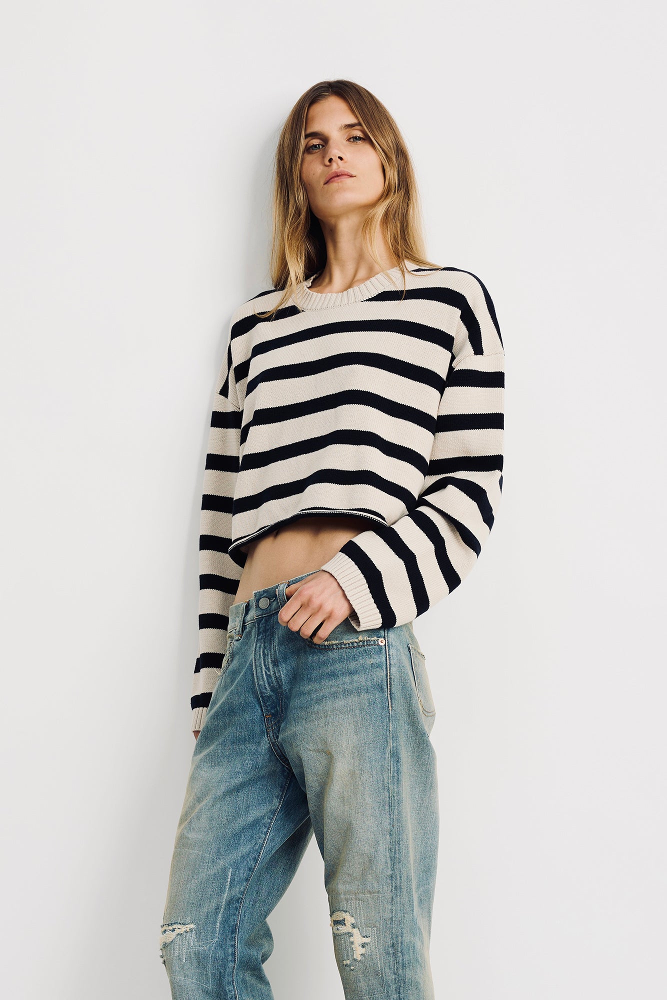 Cropped Stripe Sweater - Midnight/Straw