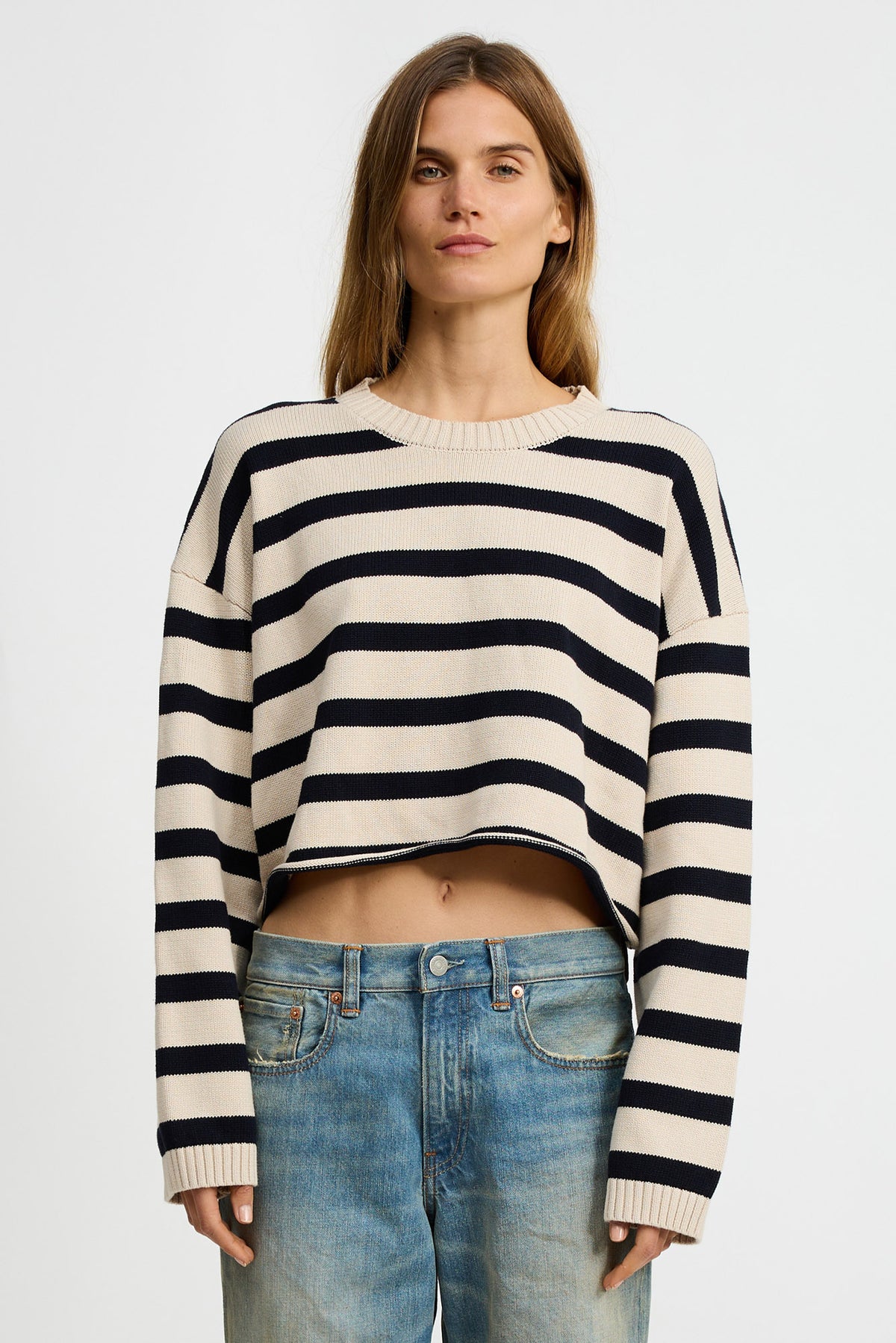 Cropped Stripe Sweater - Midnight/Straw