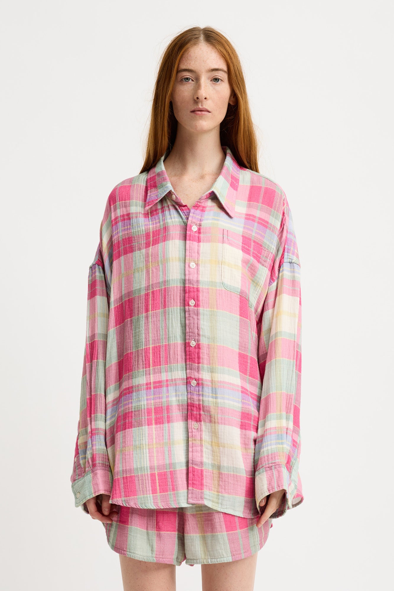 Button Front Shirt - Pink/Green Plaid