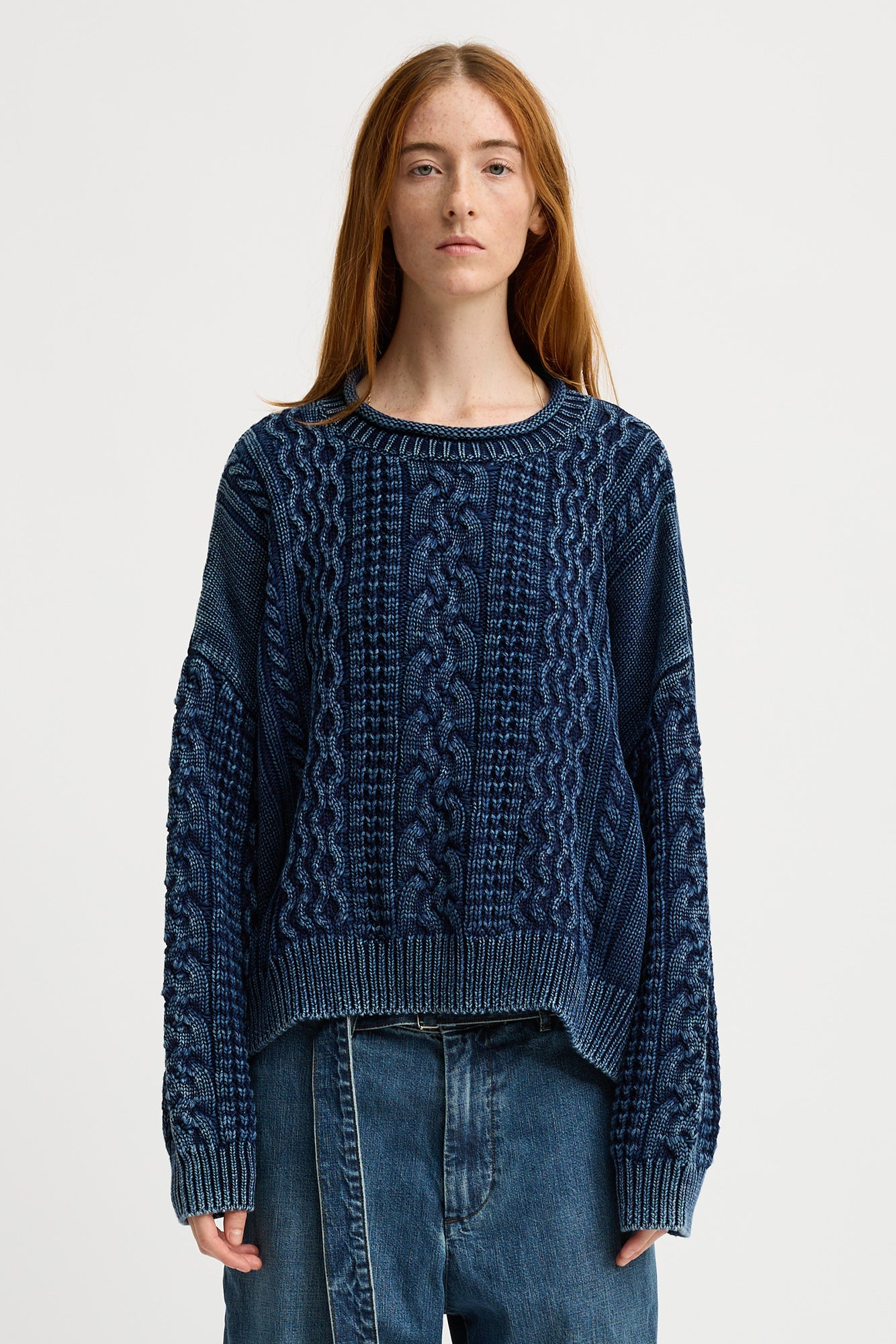 Oversized Aran Sweater W/Rolled Neck - Indigo