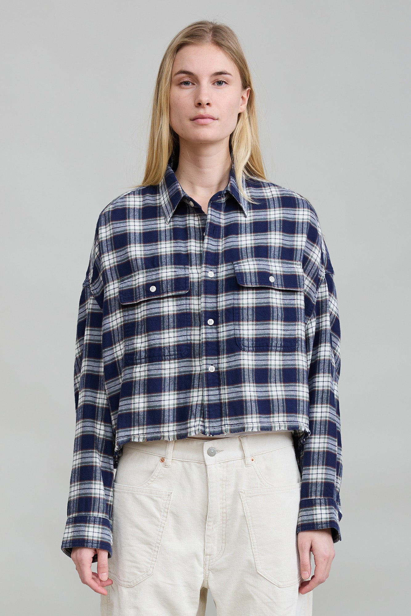 Cropped Work Shirt - Navy Green White Plaid