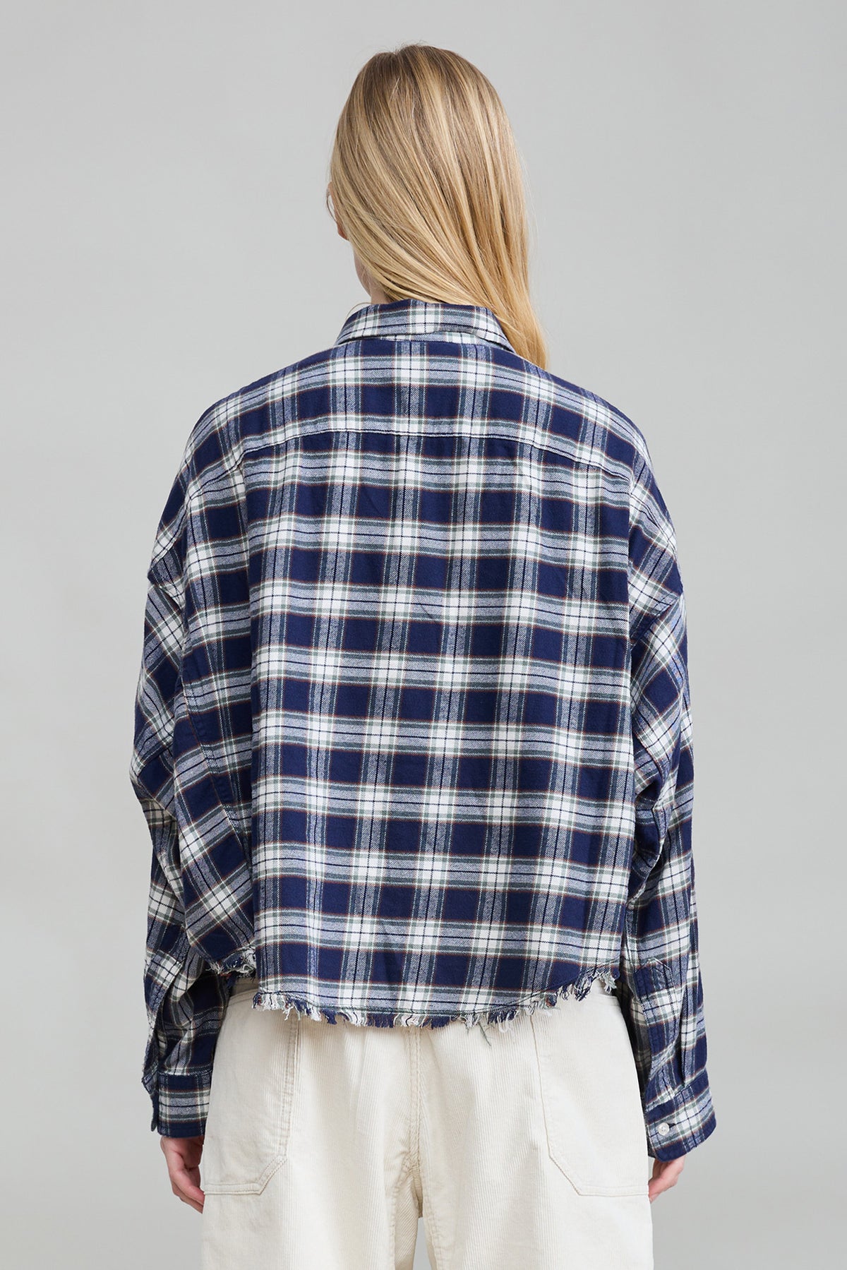 Cropped Work Shirt - Navy Green White Plaid