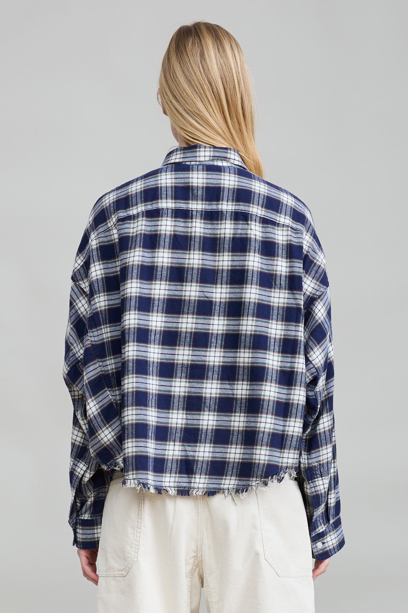 Cropped Work Shirt - Navy Green White Plaid