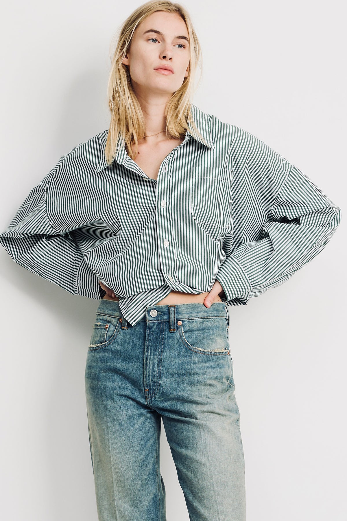 Cropped Shirt - Green Stripe