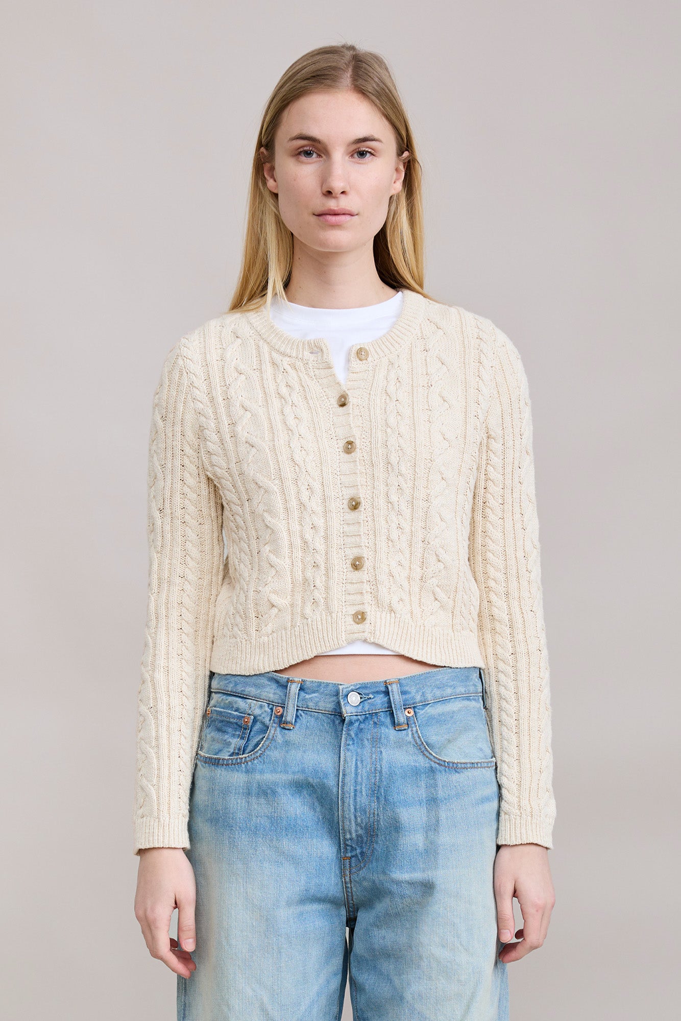 Cable Shrunken Cardigan - Ecru Slab