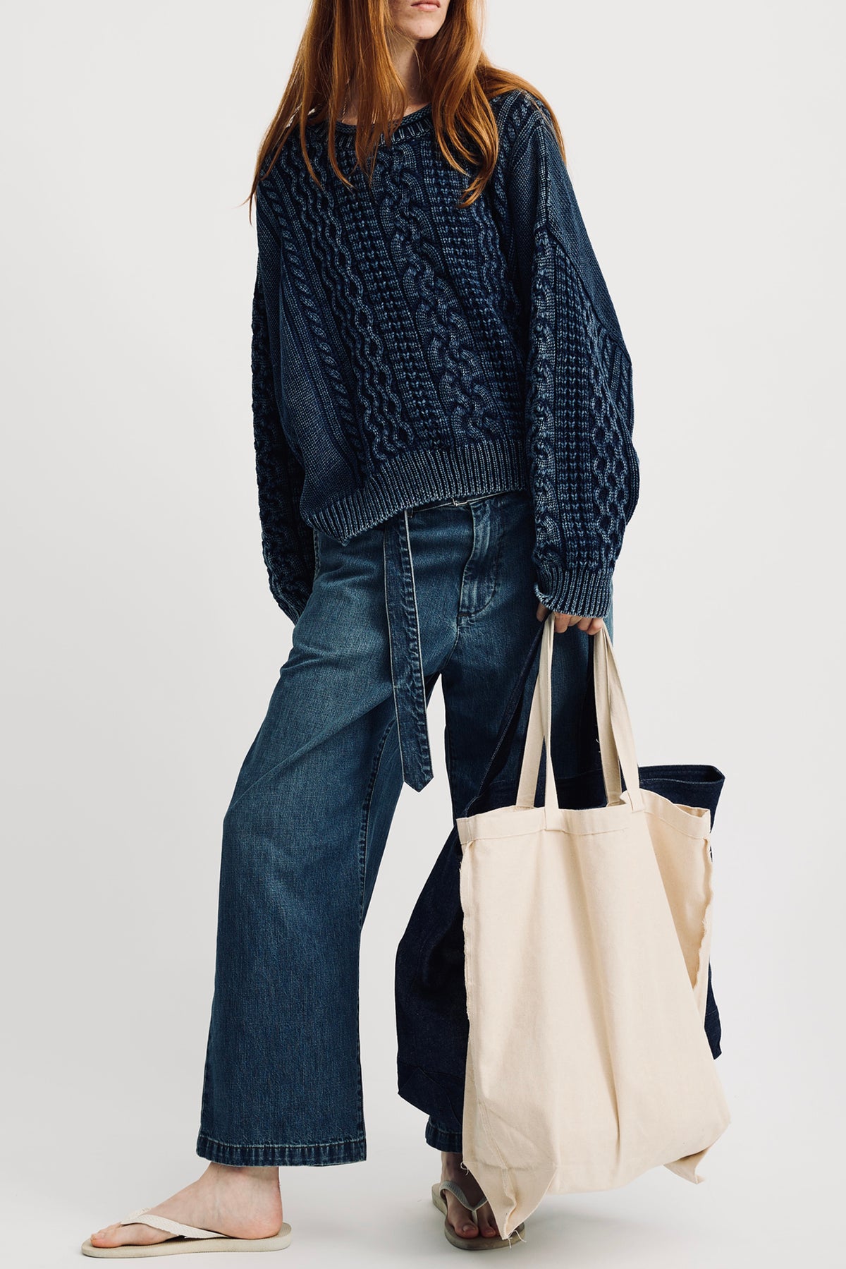 Oversized Aran Sweater W/Rolled Neck - Indigo