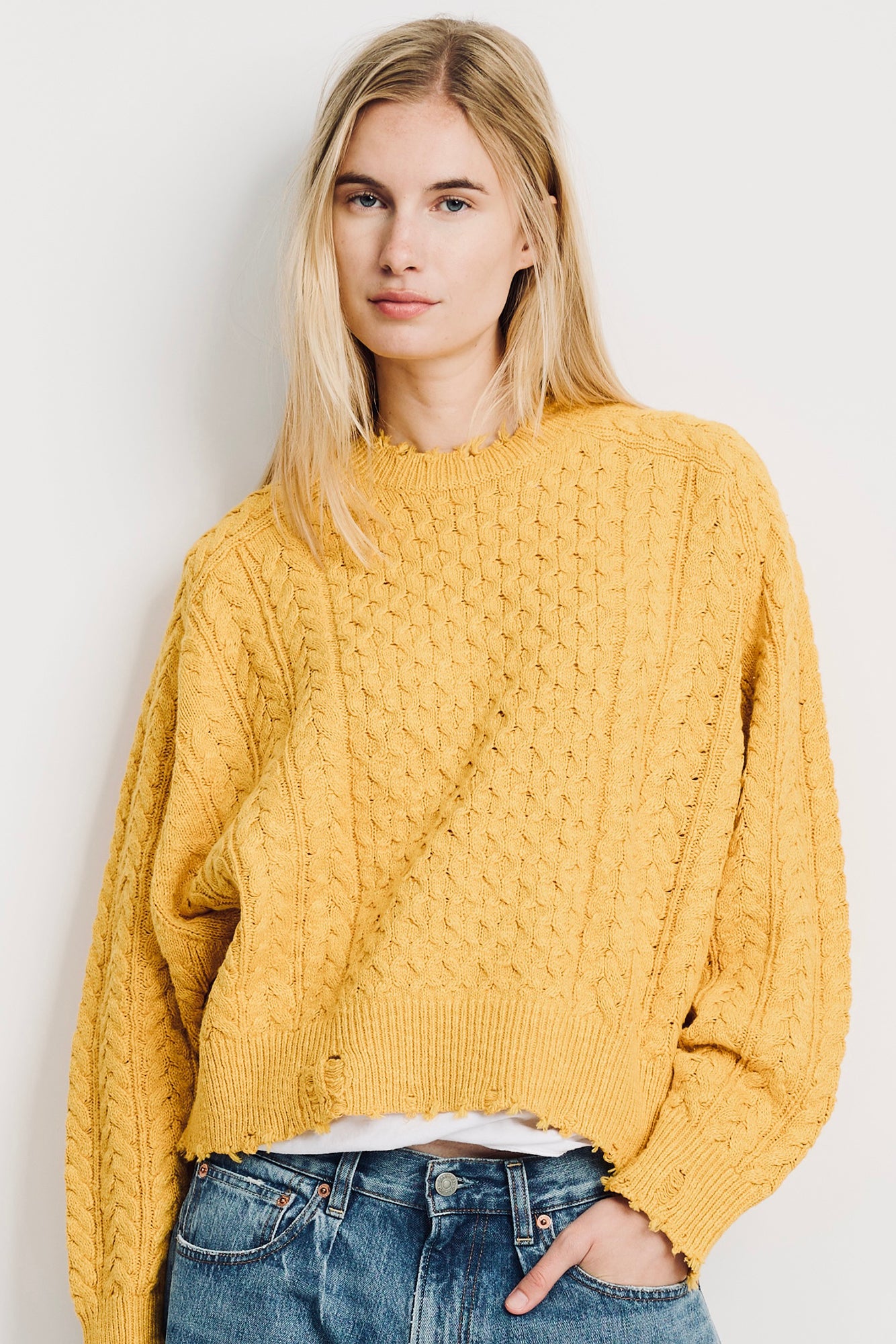 Oversized Cropped Aran Sweater - Yellow