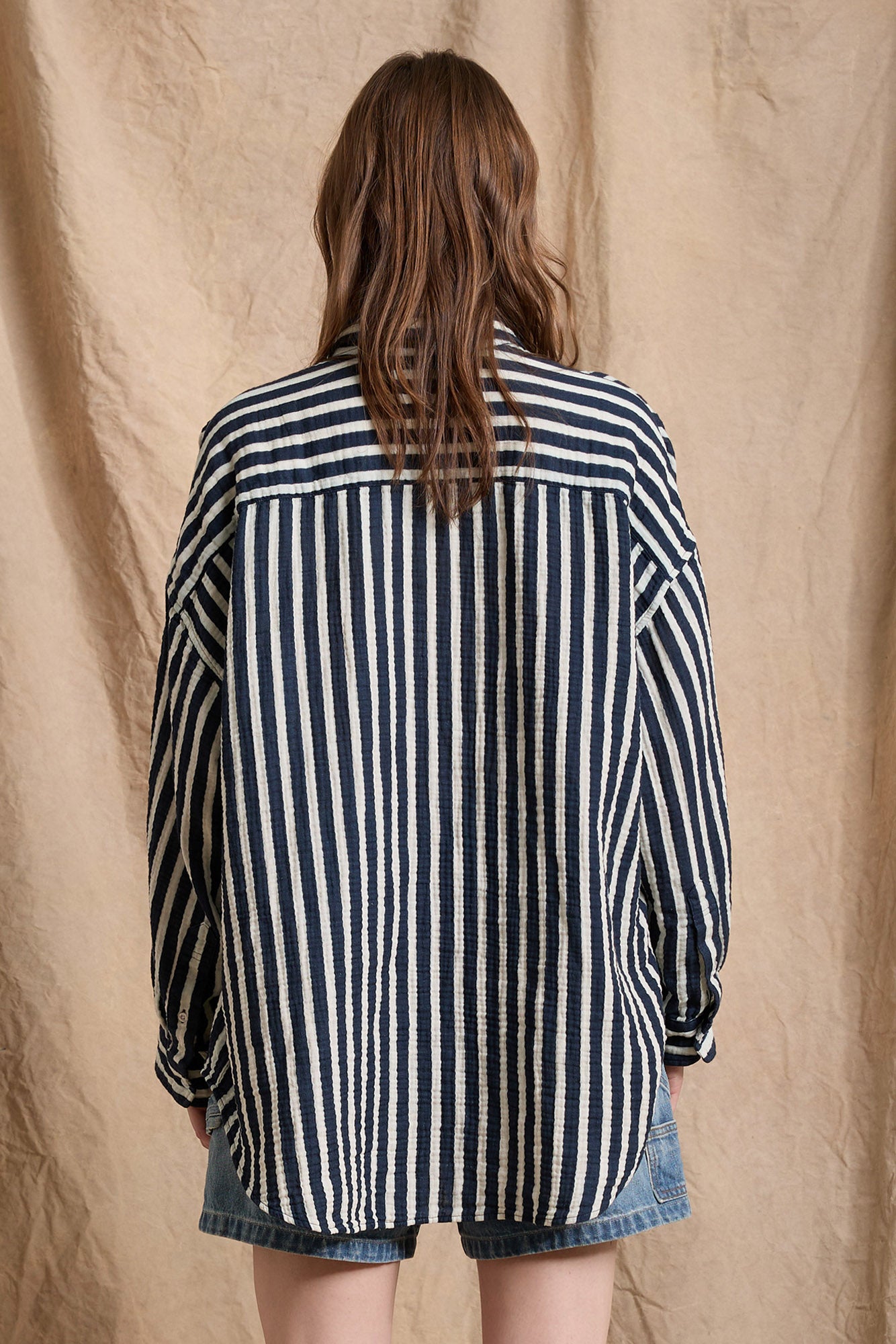 Button Front Shirt - Navy Stripe Crinkle Cotton