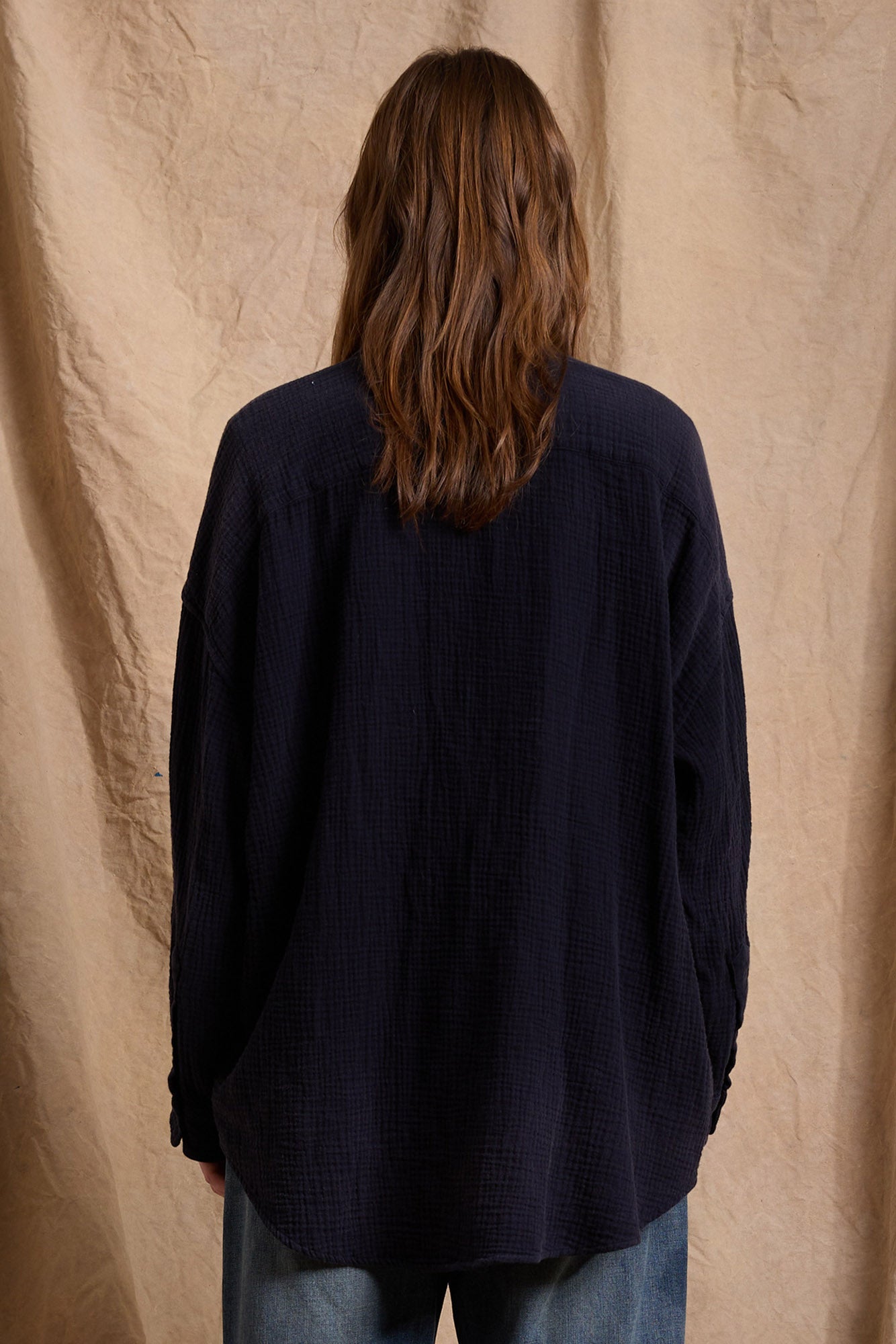 Button Front Shirt - Navy Crinkle Cotton