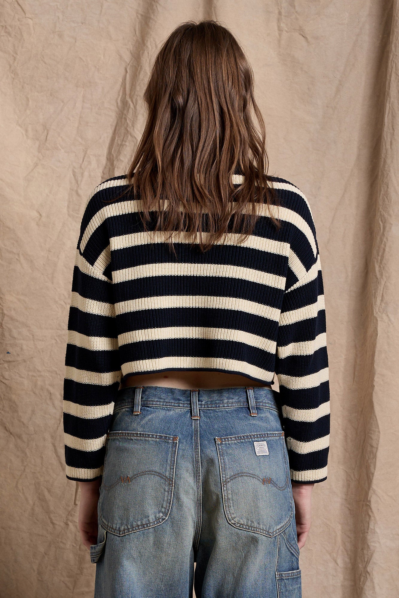 Cropped Stripe Relaxed Sweater - Dark Navy w/ Ecru | Denimist