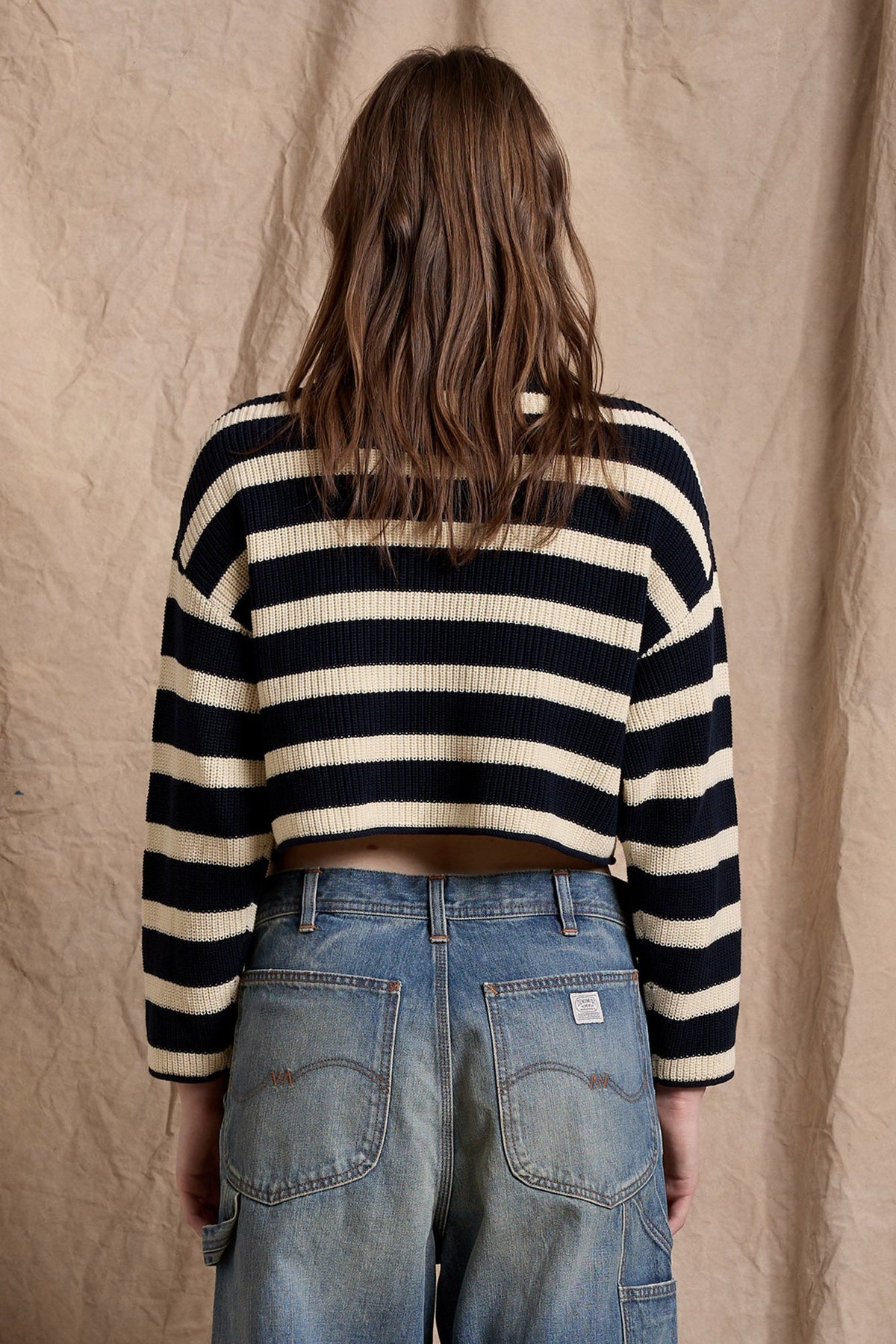 Cropped Stripe Relaxed Sweater - Dark Navy w/ Ecru | Denimist
