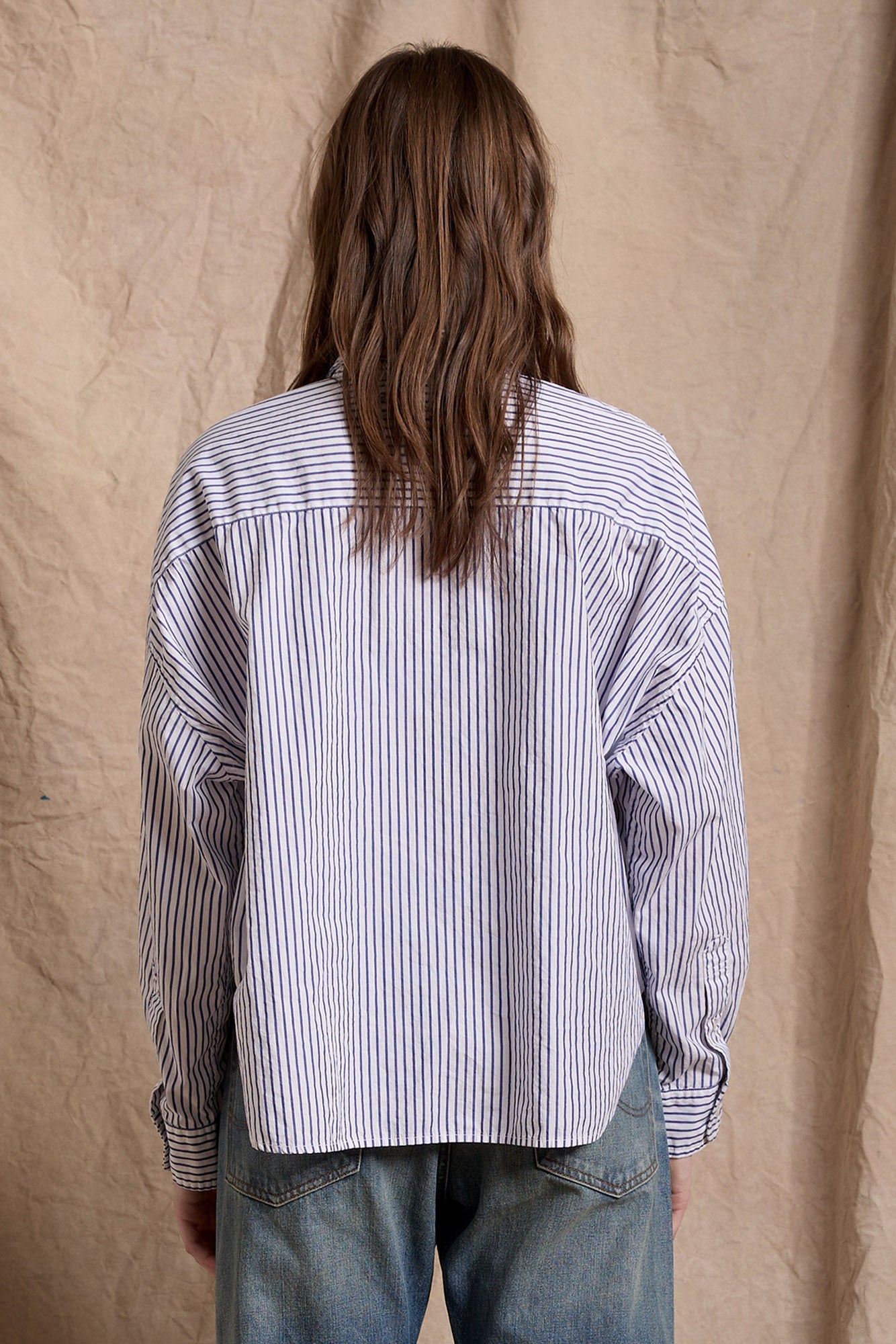 Cropped Button Front Shirt - Medium Blue Stripe