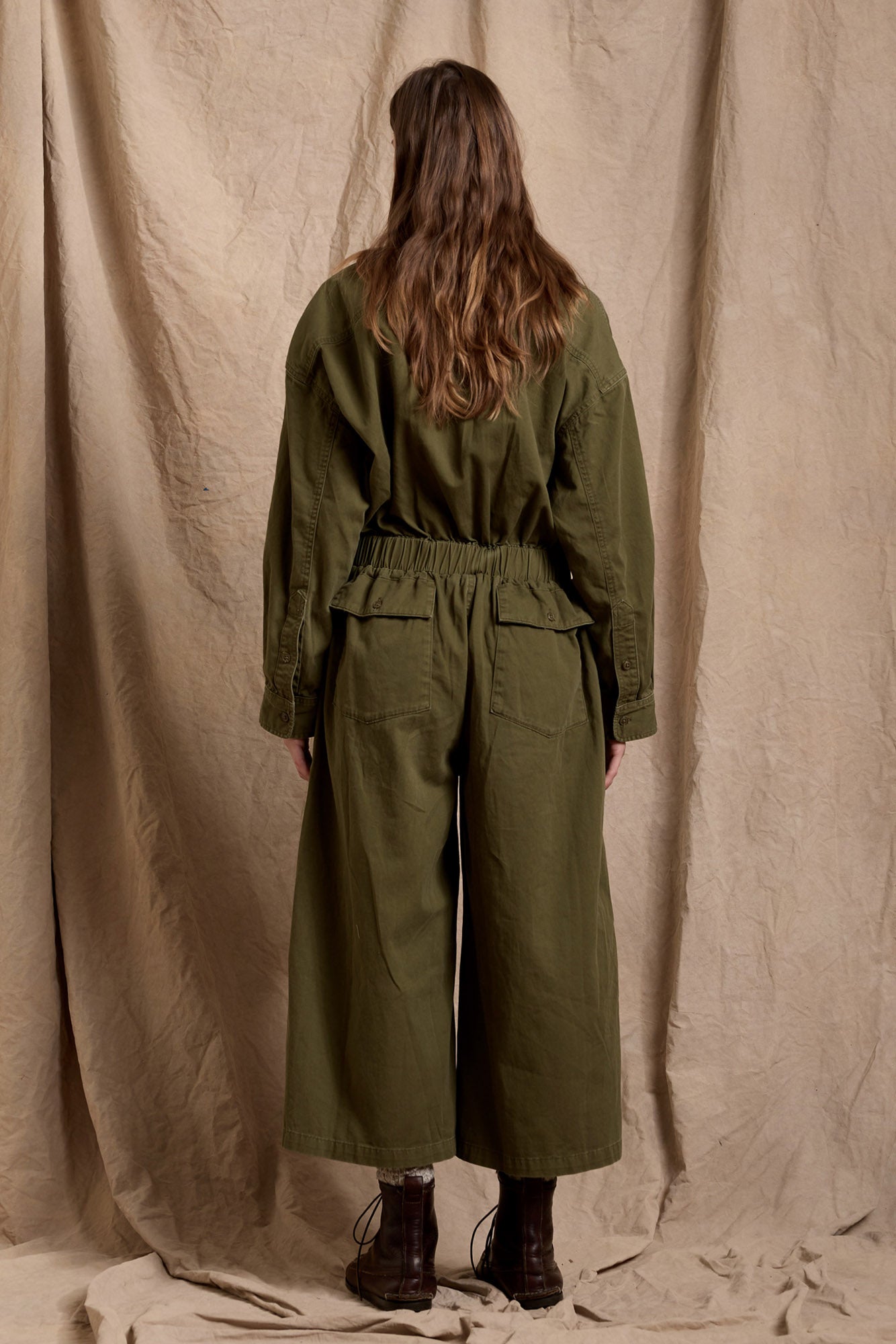 Olive green denim shops jumpsuit