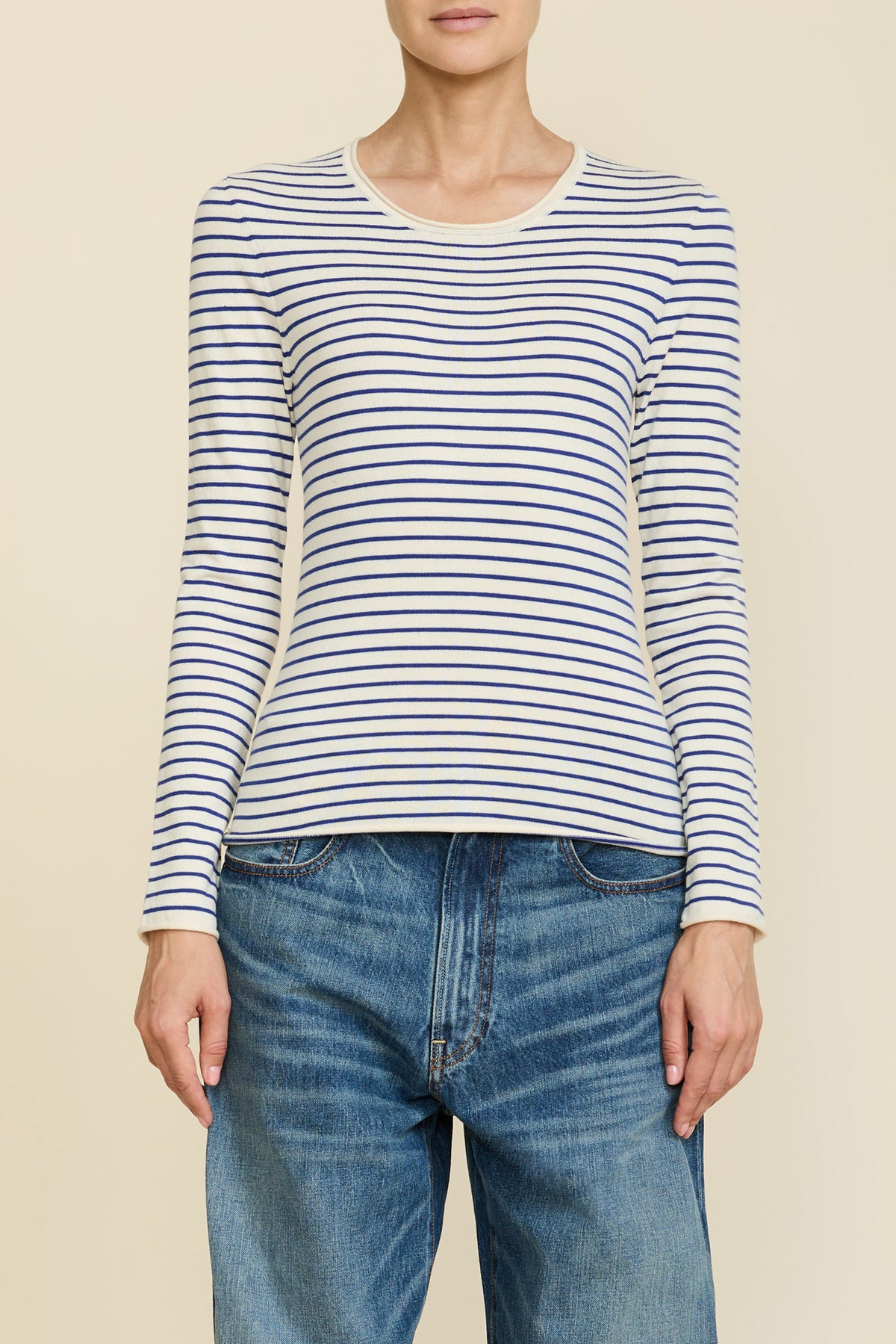 Striped Skinny Crewneck - Cream w/ Blue