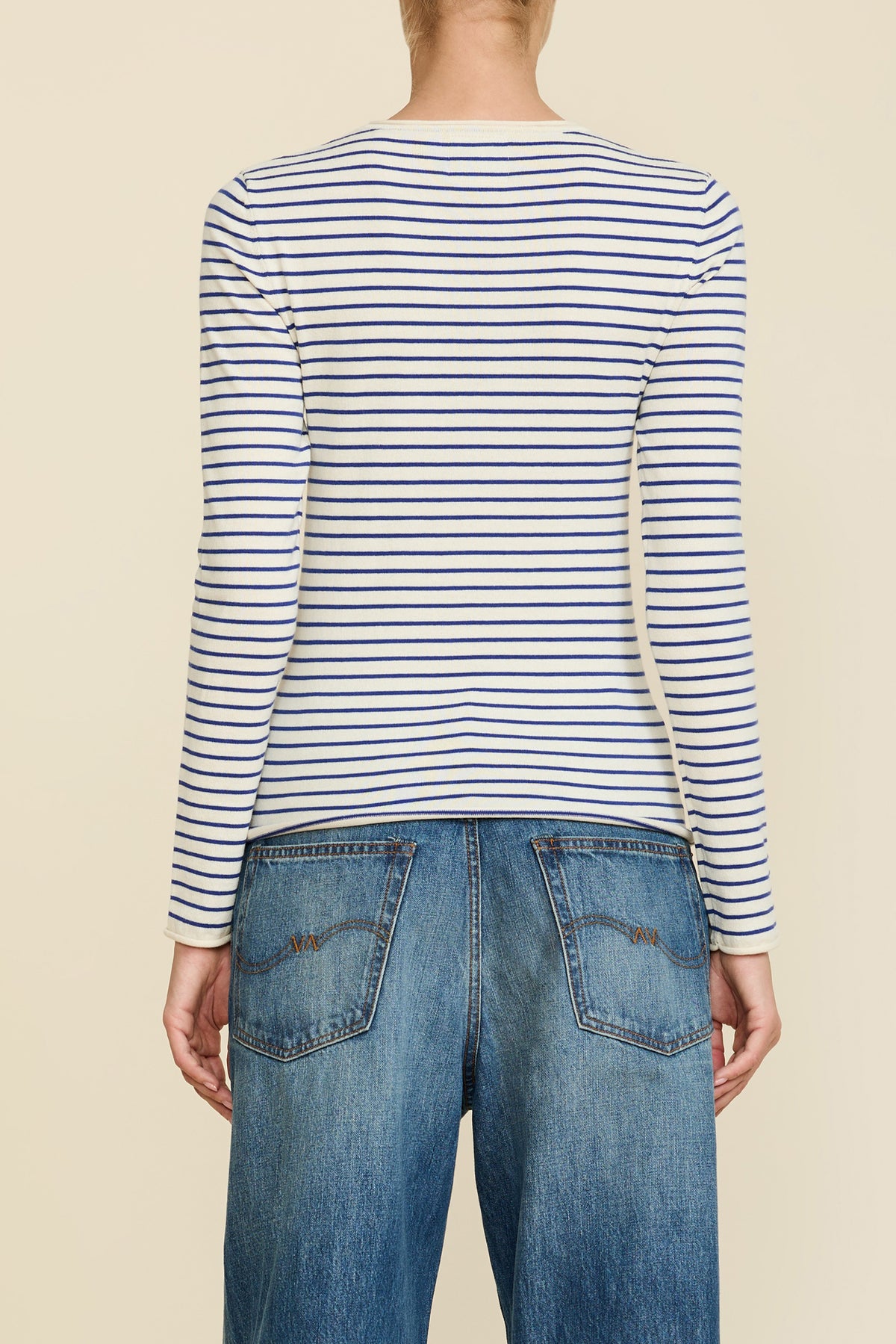 Striped Skinny Crewneck - Cream w/ Blue