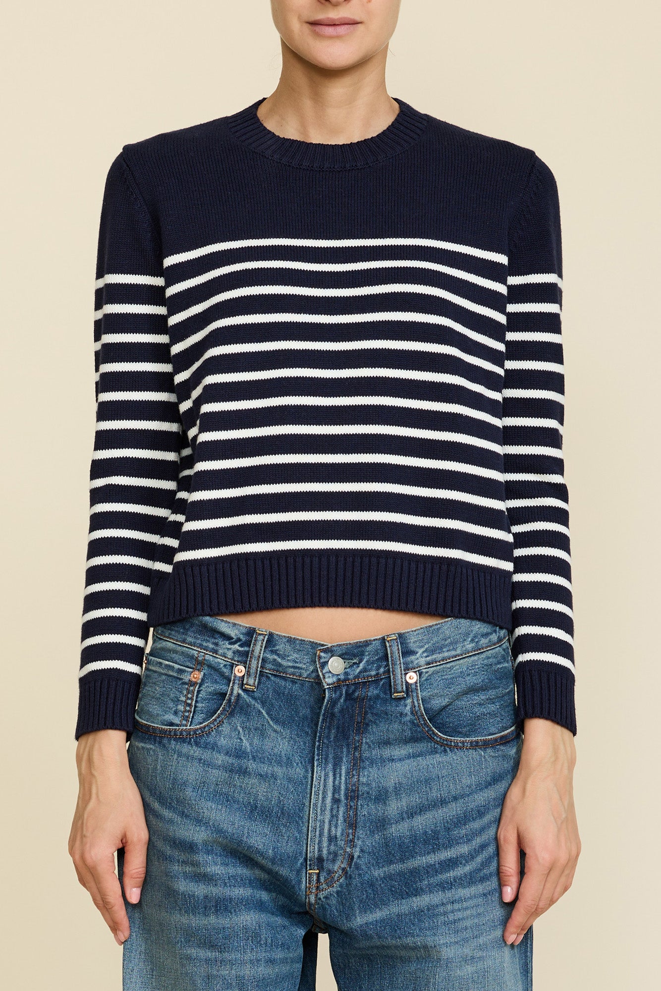 Striped Pullover Sweater - Dark Navy w/ Off-White