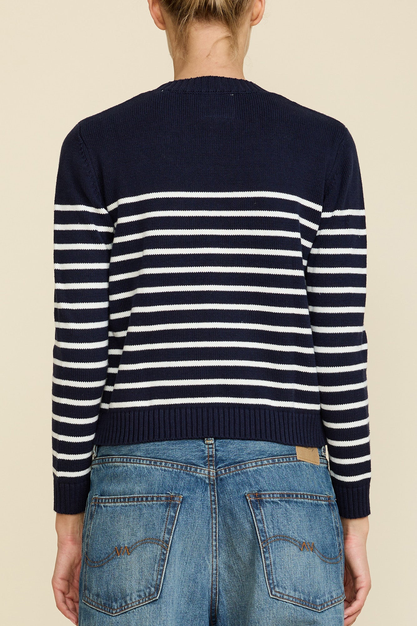 Striped Pullover Sweater - Dark Navy w/ Off-White