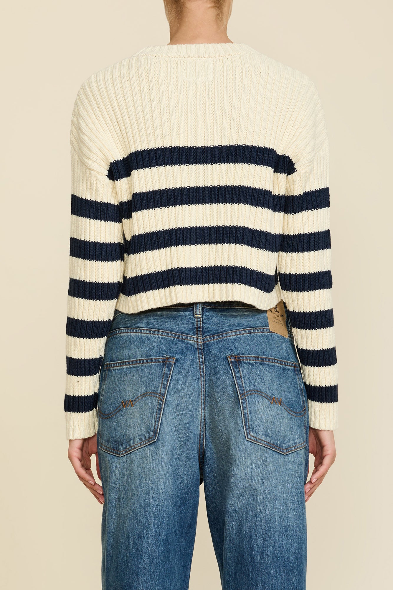 Striped Ribbed Cropped Sweater - Ecru w/ Navy