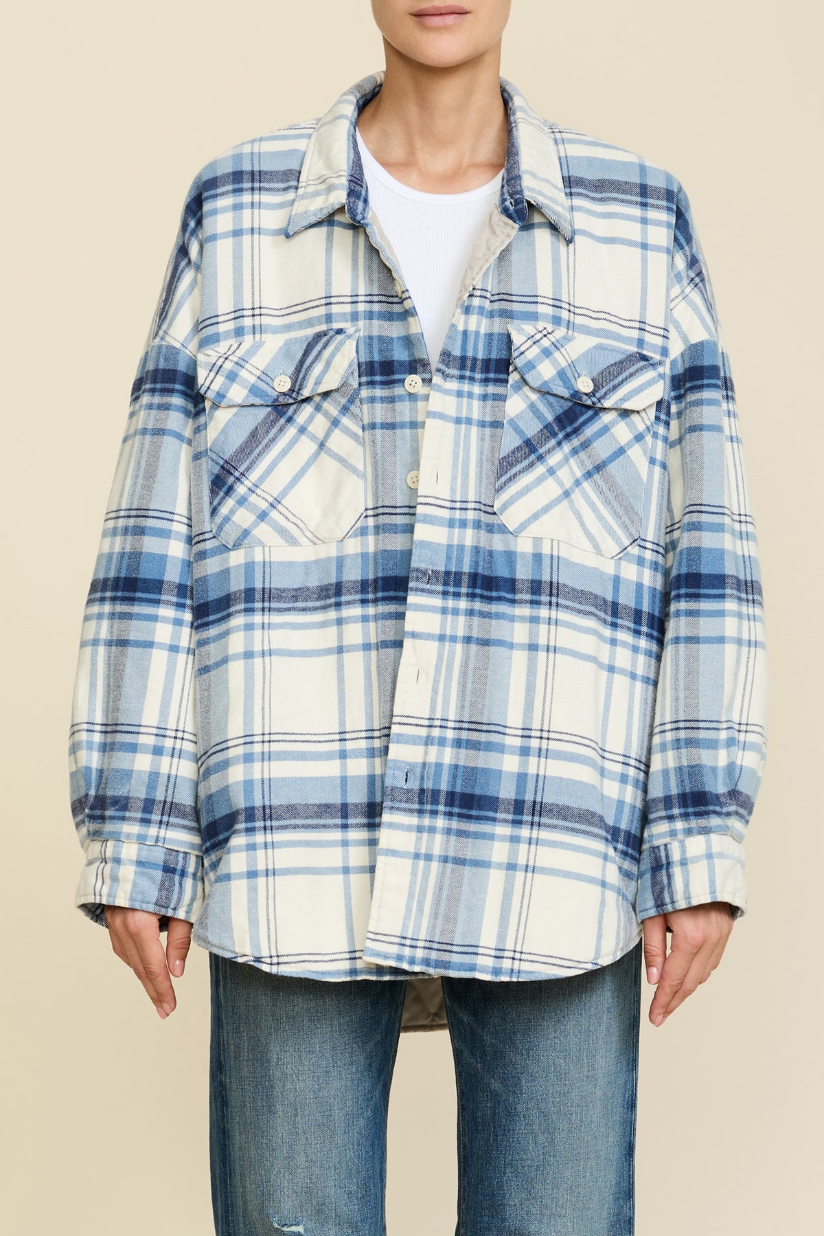 Shirt Jacket - Ecru/ Blue Plaid