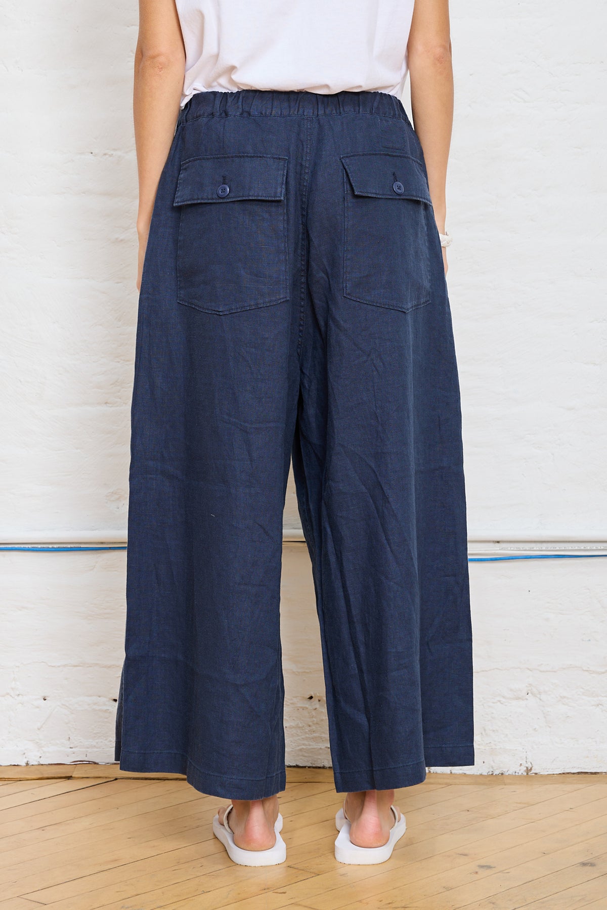 Palazzo Drawstring Utility Pant - Navy Linen