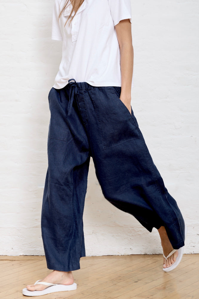 Palazzo Drawstring Utility Pant - Navy Linen