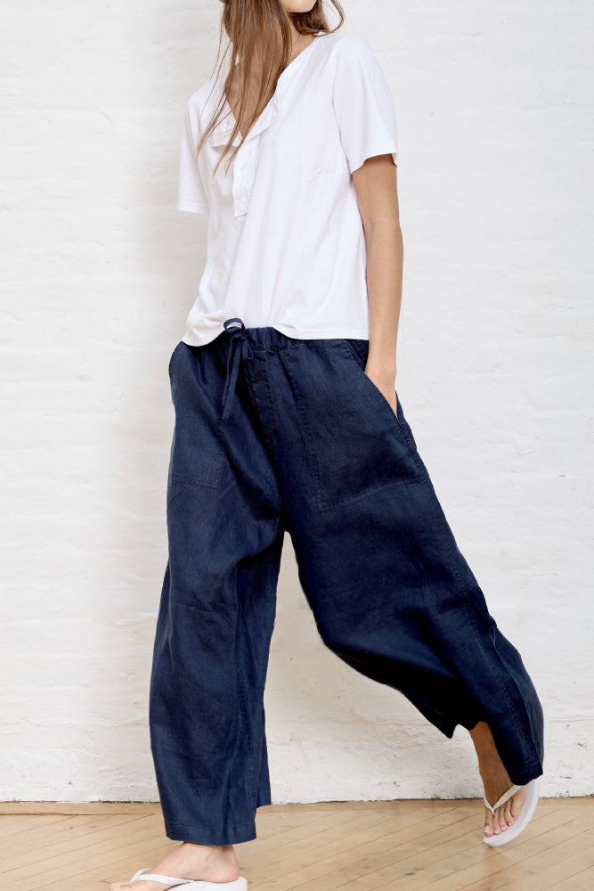 Palazzo Drawstring Utility Pant - Navy Linen