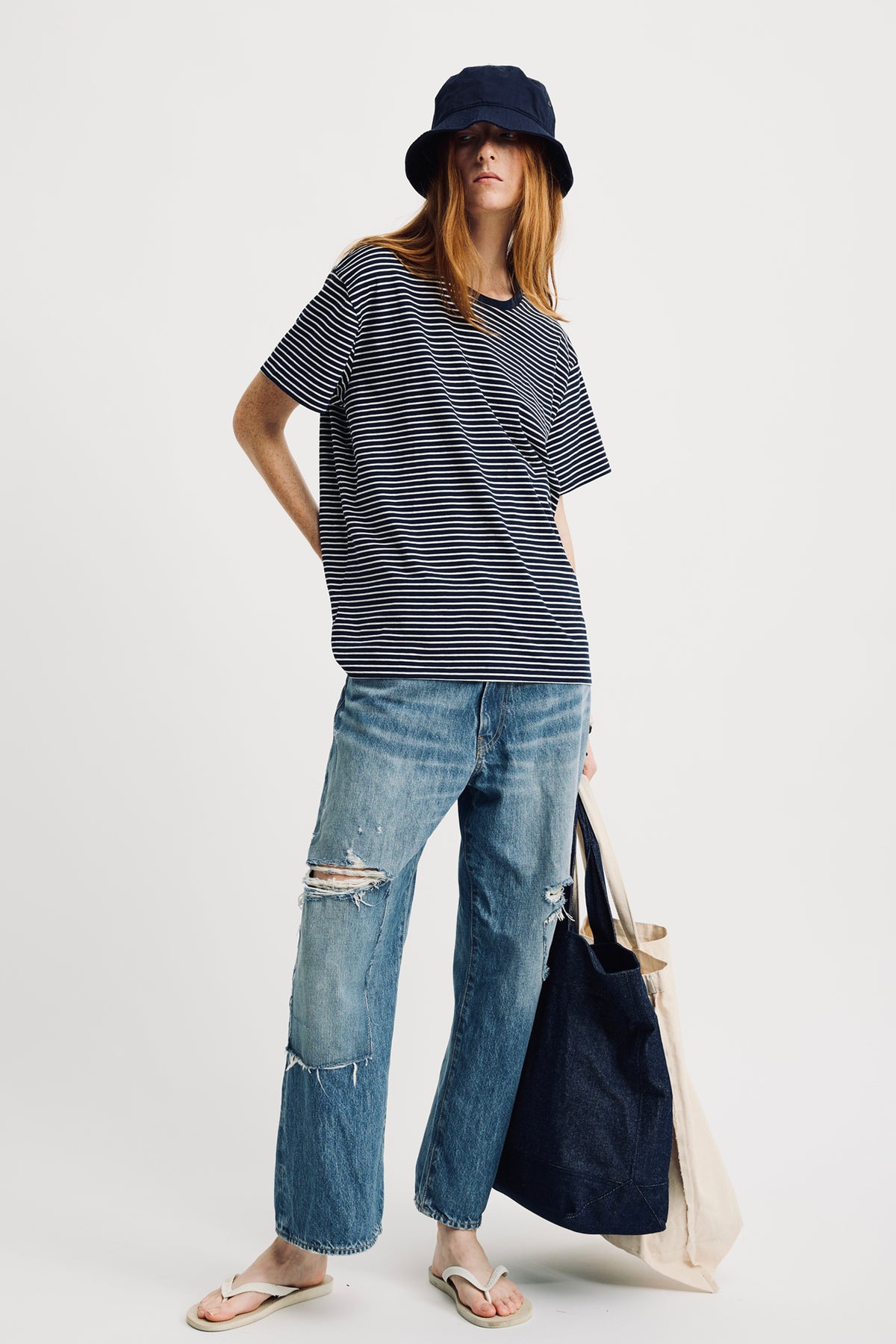 Relaxed Tee - Navy With Narrow White Stripe