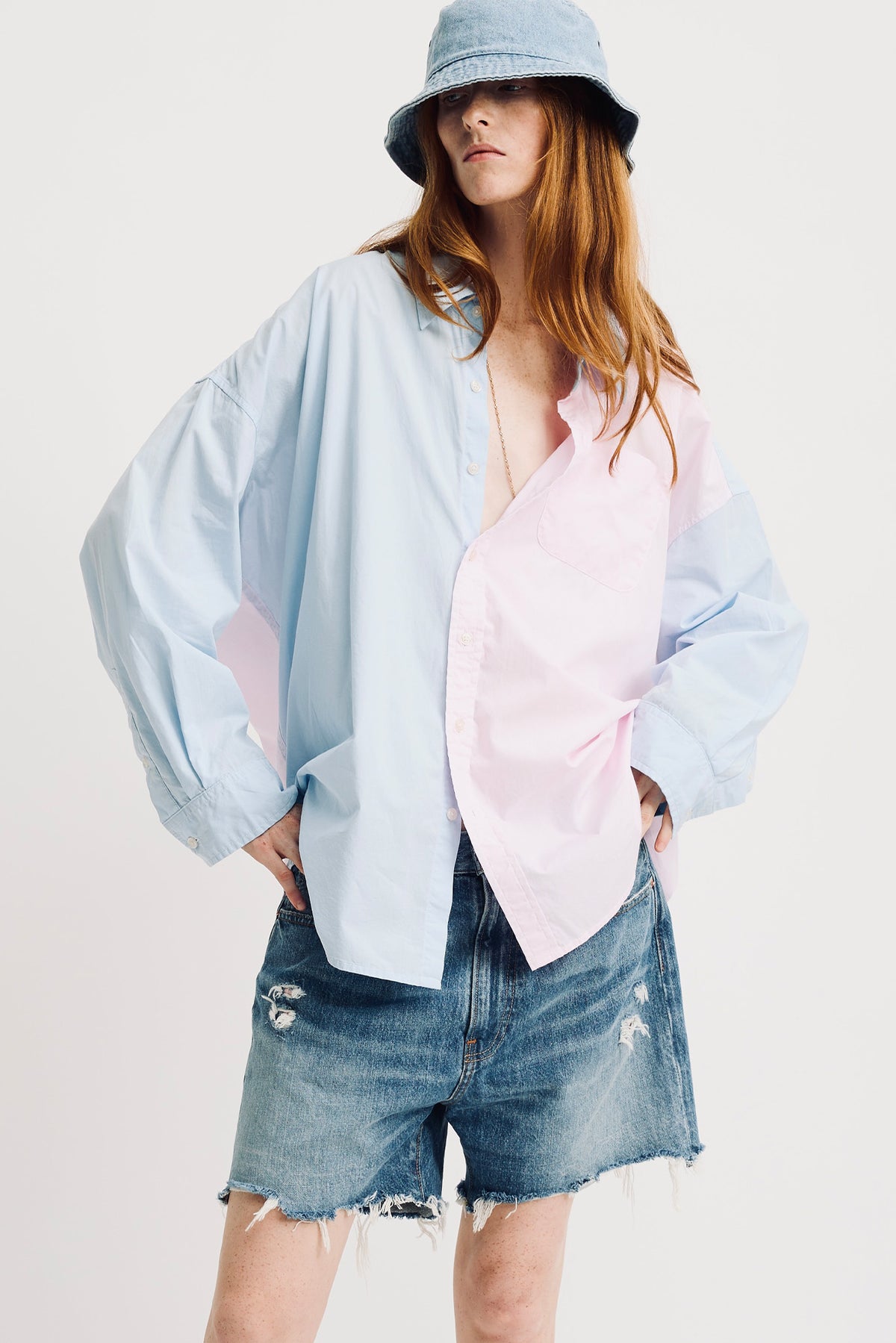 Button Front Shirt - Light Blue With Pink