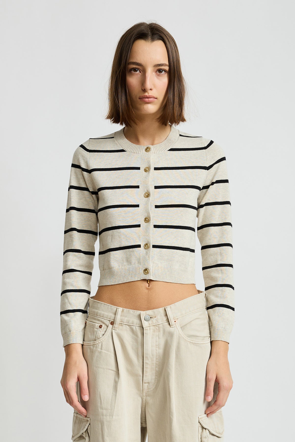 Riley Cardigan - Heather Grey With Black Stripe