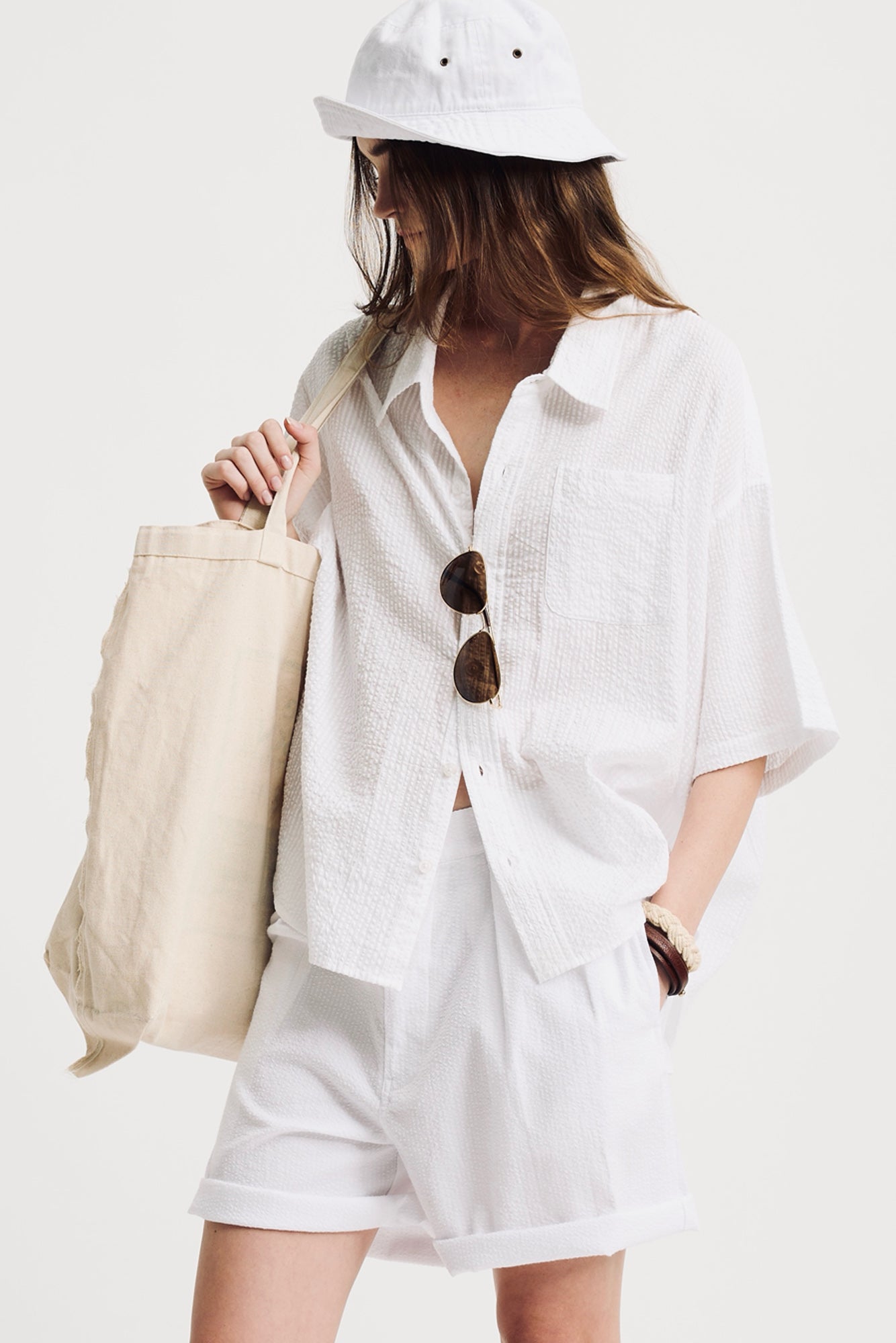 Short Sleeve Button Down Shirt - White Seersucker