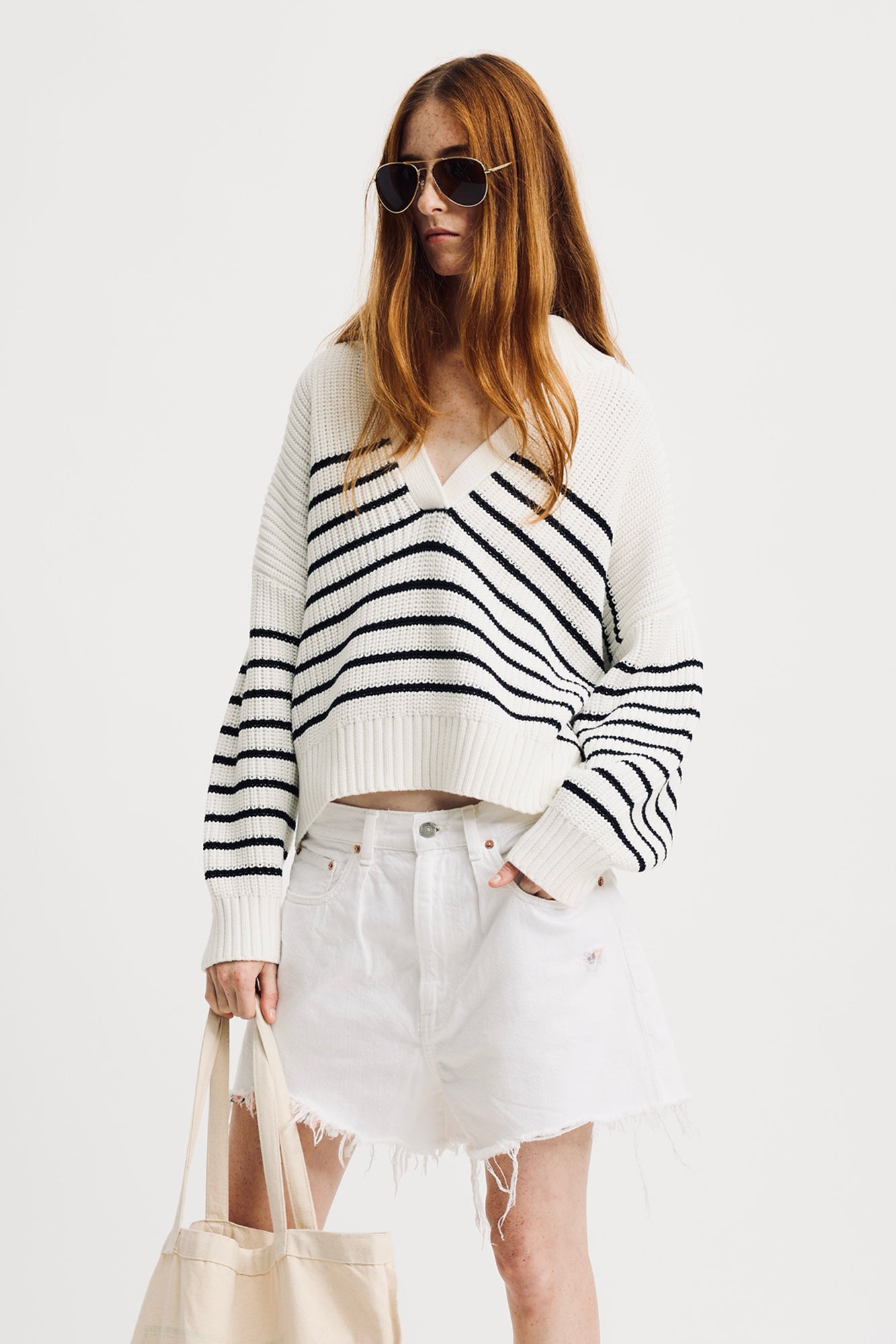 Striped Split Neck Sweater - White With Thin Navy Stripe