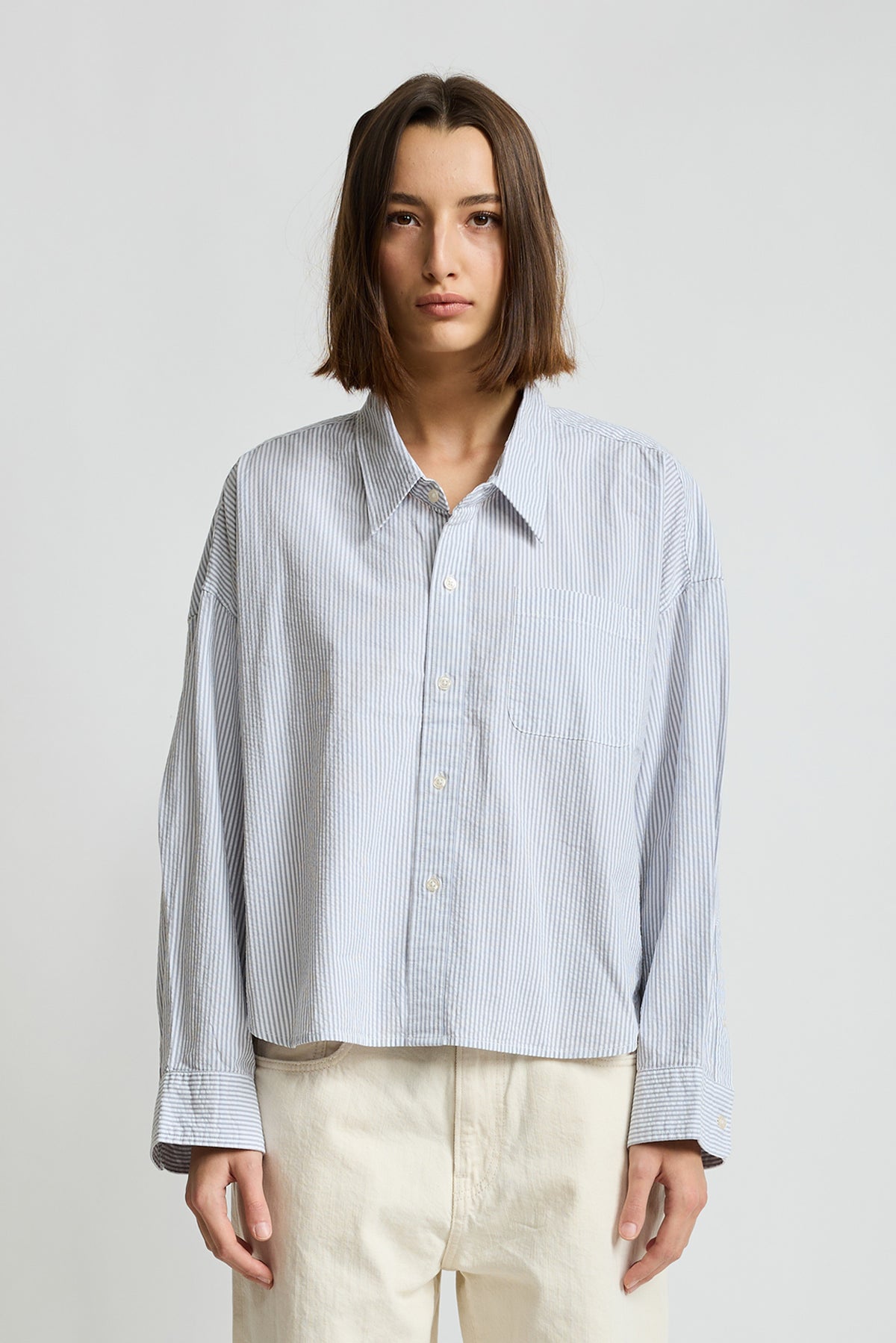 Bailey Cropped Shirt - Light Grey Seersucker Stripe